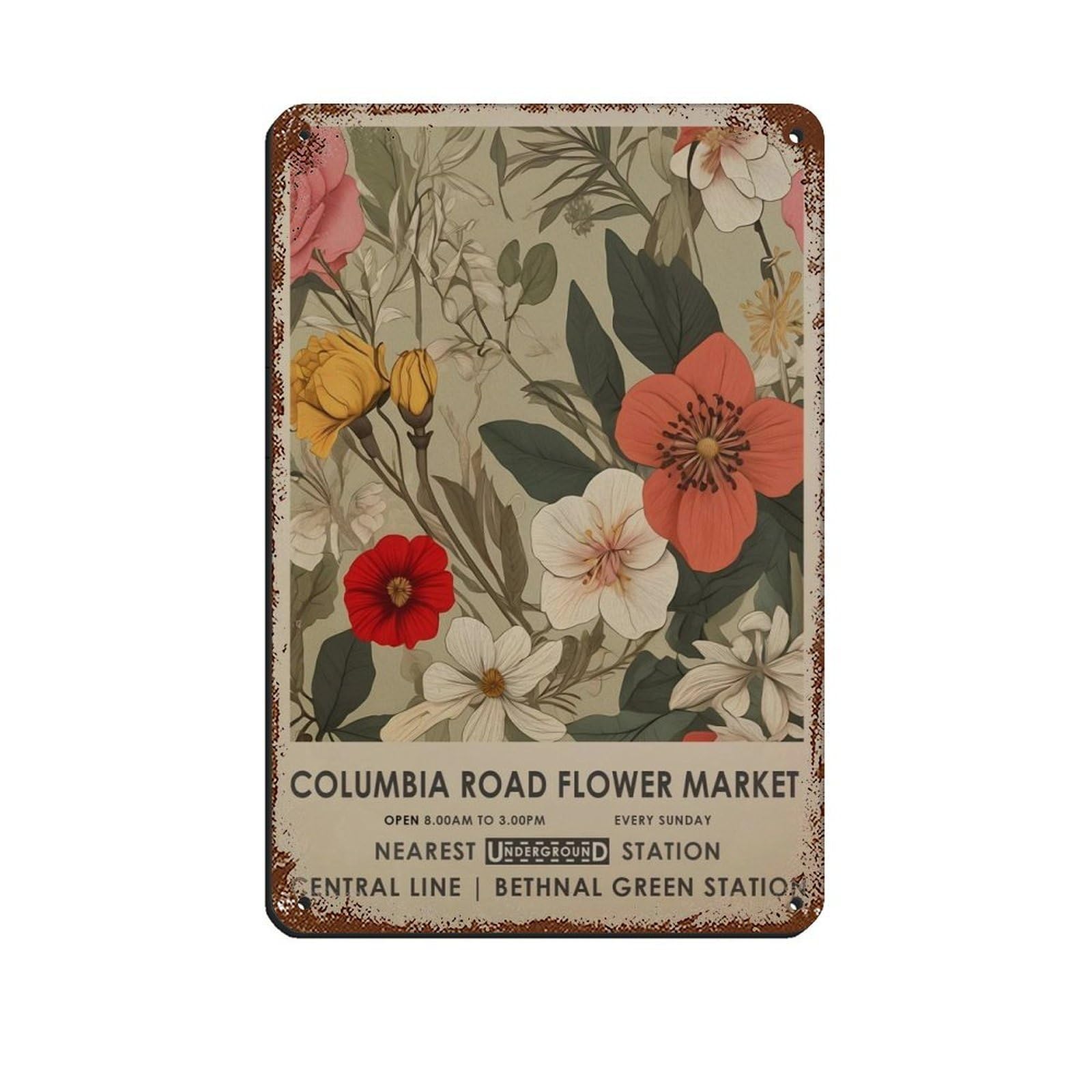 Columbia Road Flower Market, Vintage Spring Flower Retro Poster Metal Tin Sign Chic Art Retro Iron Painting Bar People Cave Cafe Family Garage Poster Wall Decoration 8x12inch(20x30cm)
