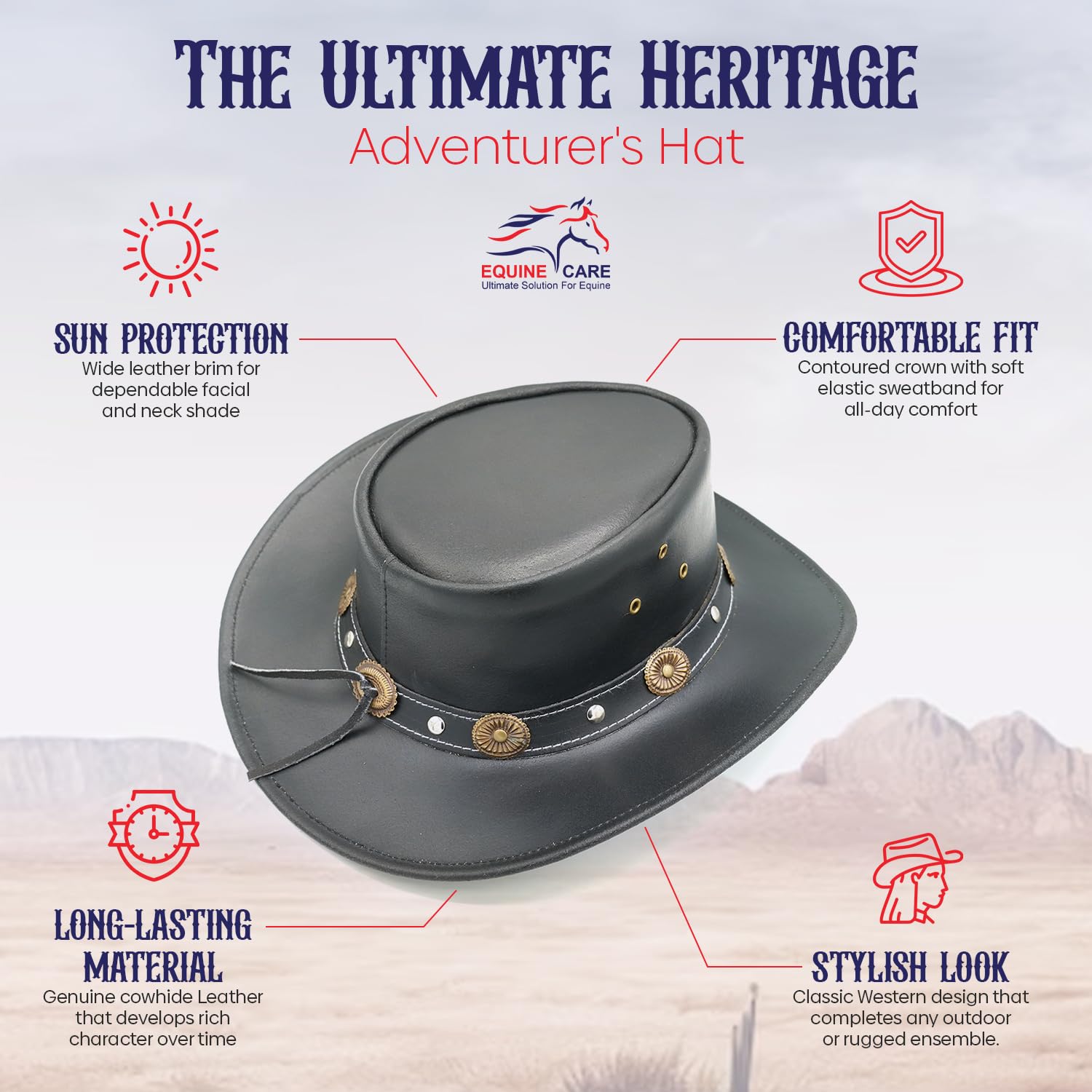 Equine Care Cappello da cowboy in pelle nera (L 58-59 cm) per uomini e donne - Cappello Western Outback in vera pelle bovina spaccata con tesa modellabile da 2,7 ″, banda concho decorativa, cappello