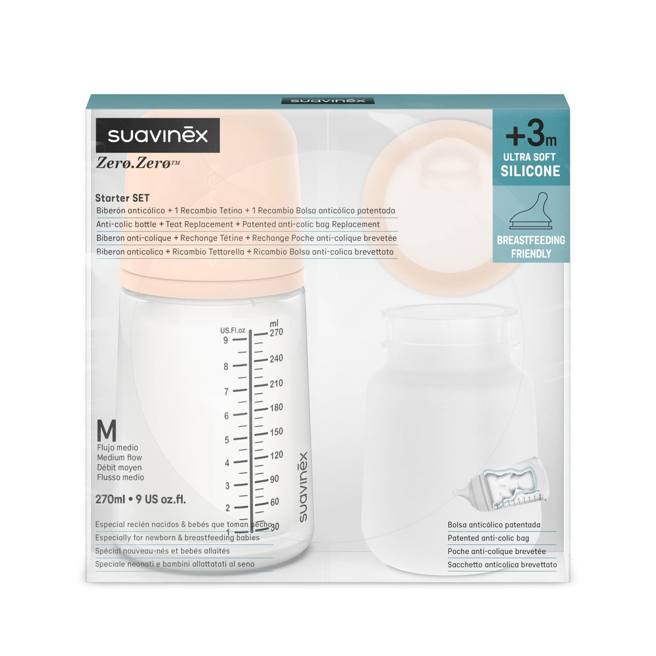 Suavinex, Pack Biberon Zerø.Zerø Débit Moyen. Anti Colique 270 ml avec Tétine, Poche Silicone de Rechange