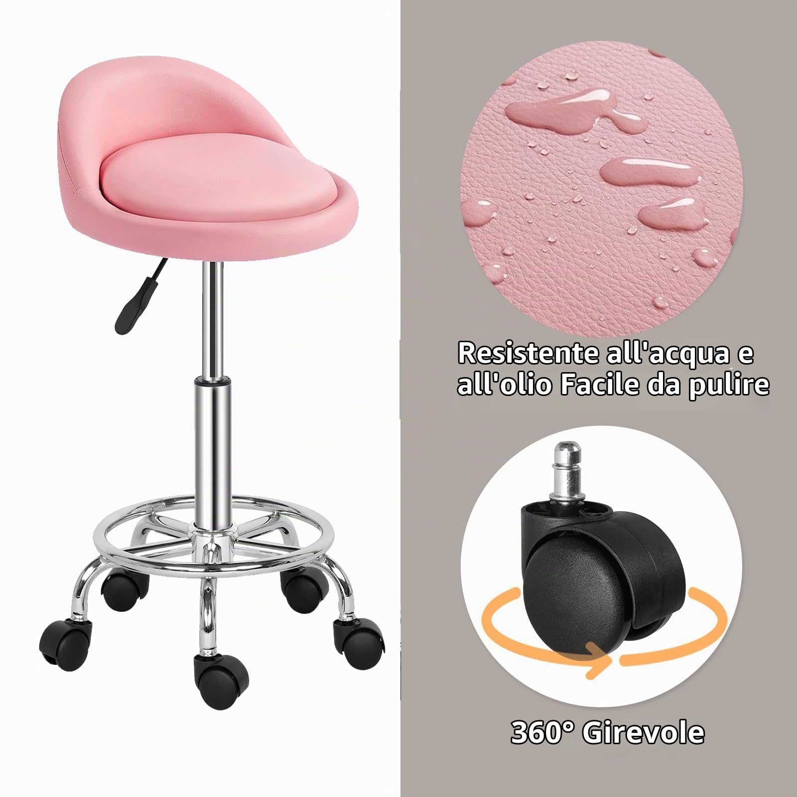 Sgabello Rotondo Schienale 360° 49-64cm Regolabile Rosa