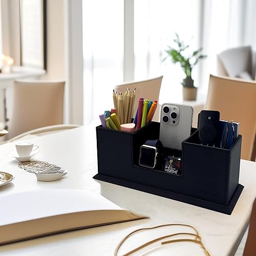 Miniatura 6 de UnionBasic - Organizador de escritorio de cuero sintético con 4 compartimentos, para tarjetas, bolígrafos, lápices, teléfonos celulares, suministros