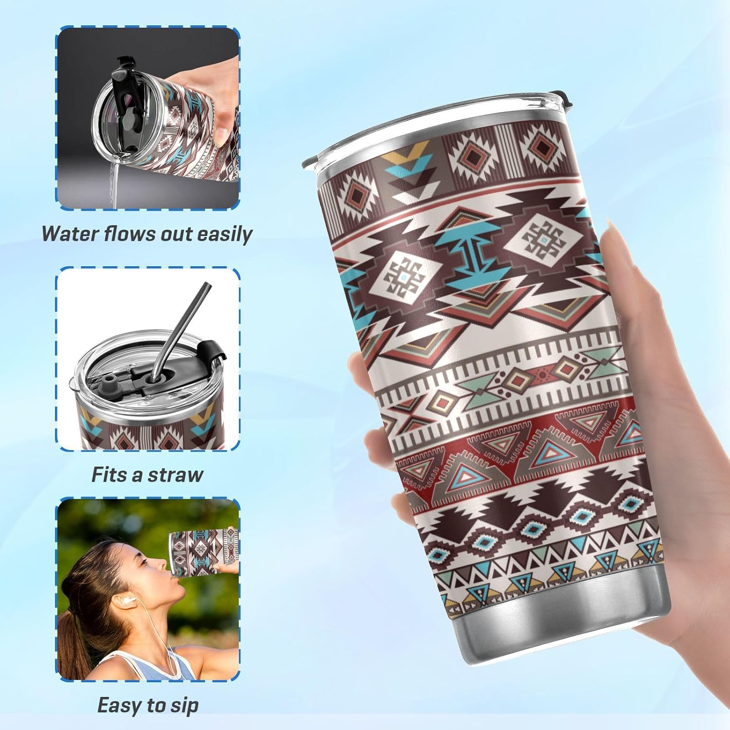 YETTASBIN Aztec Navajo Tumbler with Straw Lid, 20oz Stainless Steel Tumbler Cup Double Wall Vacuum Insulated Travel Coffee Mug for Hot and Cold Drinks - Image 6