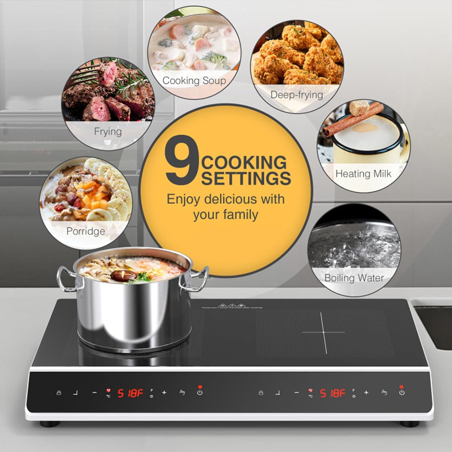 Desktop Double-Head Induction Cooker, 24"" Induction Cooktop with 2 Burners With Led Touch Screen With Child Safety Lock and Timer