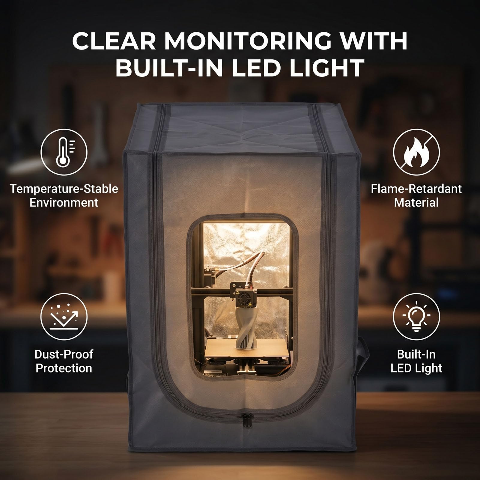 Luocute Custodia per Stampante 3D, Copertura a Temperatura Costante Antipolvere Ignifuga, di Ventilazione a Luce LED, Copertura per Stampante 3D a Temperatura Costante con Riduzione del