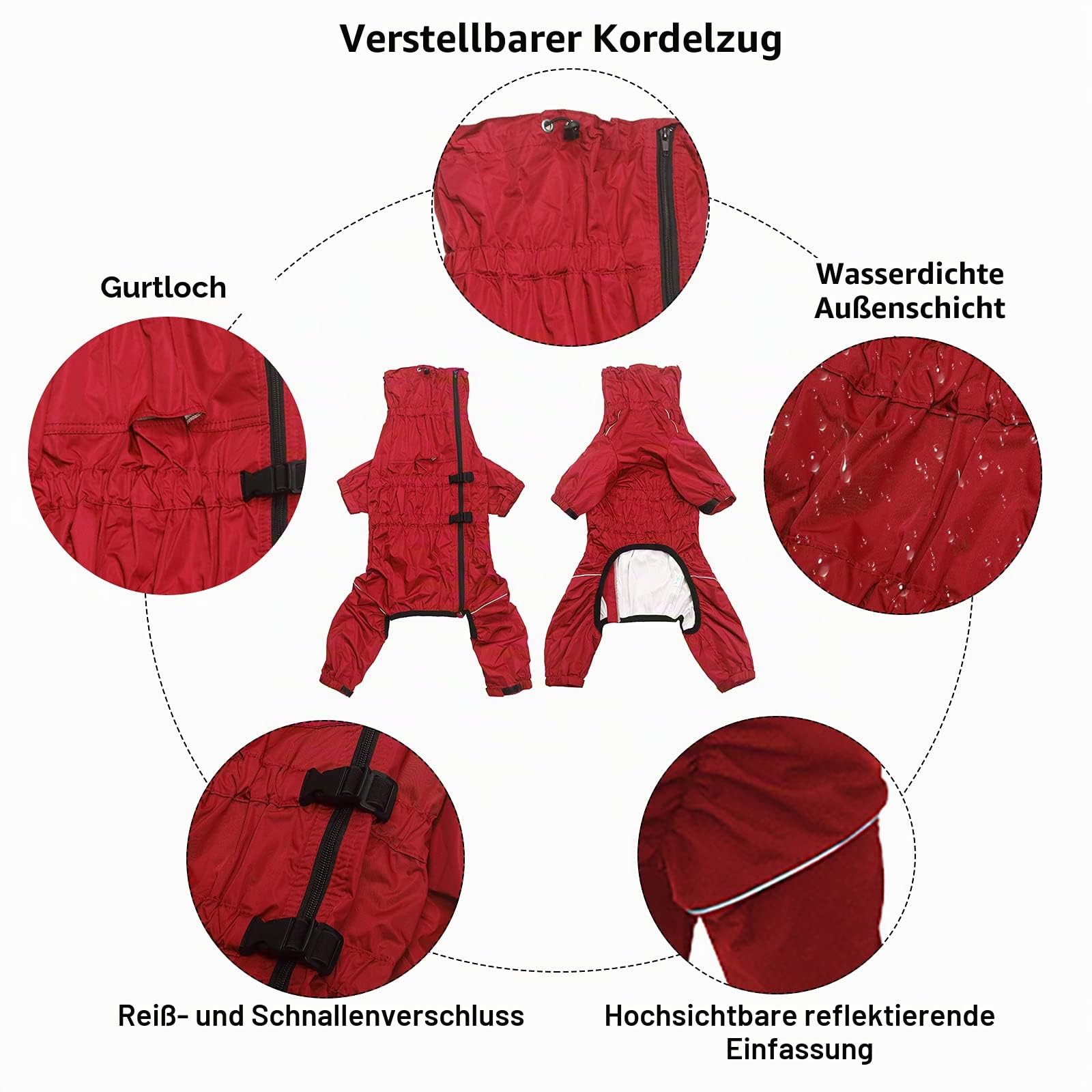 MOREZI Hunderegenmantel, hoher Kragen wasserdicht, Regenmantel-Set mit Reflexstreifen und Reißverschlüssen, für alle Hundetypen geeignet-Rot-S