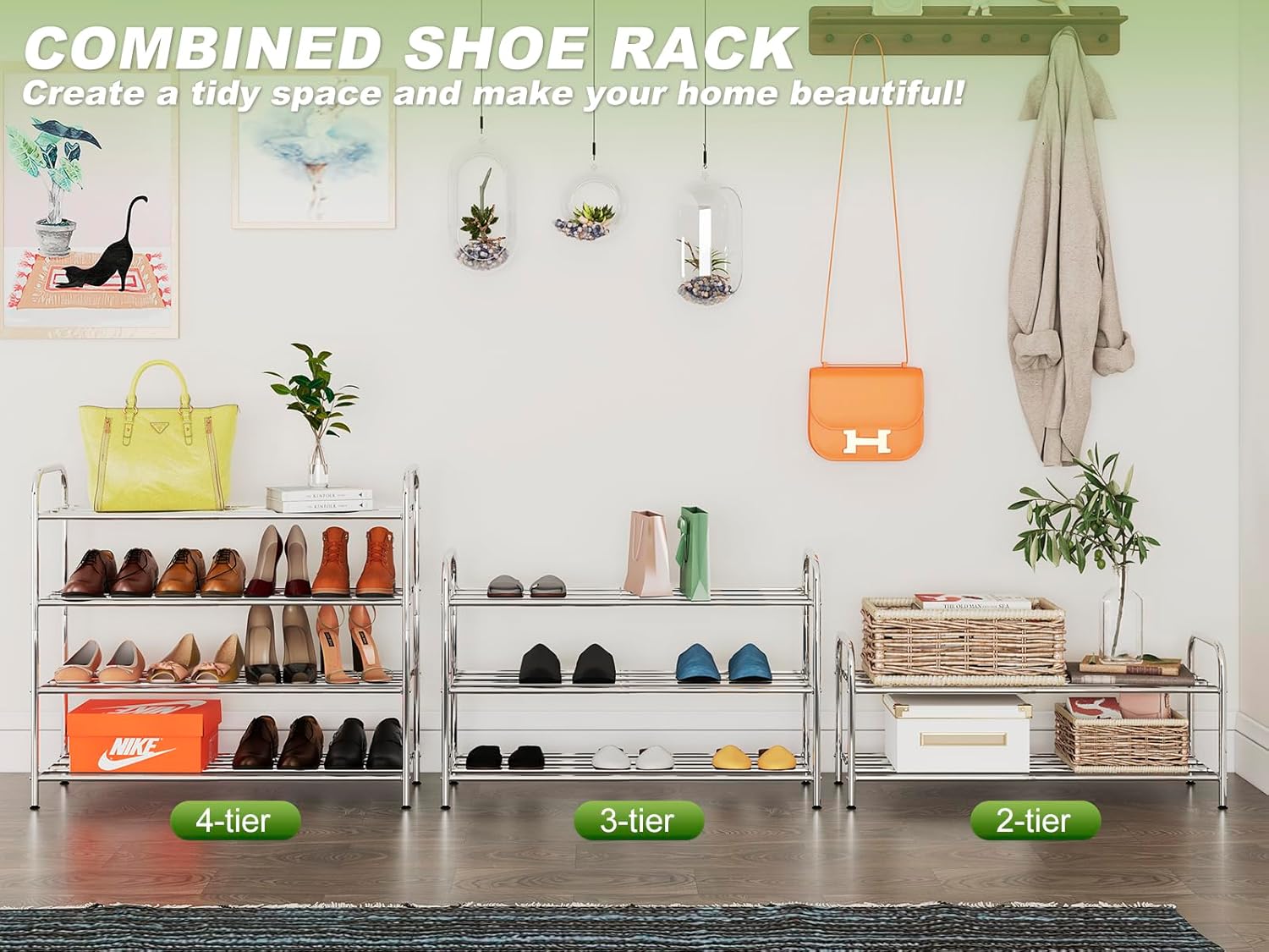 4-Tier Expandable Shoe Rack - Adjustable Width & 100% Stainless Steel | 4 Rods Per Tier | Adjustable Feet | Multi-Functional Metal Shelf for Closet, Stair Sides, Entryway, Heavy Duty (Silver)