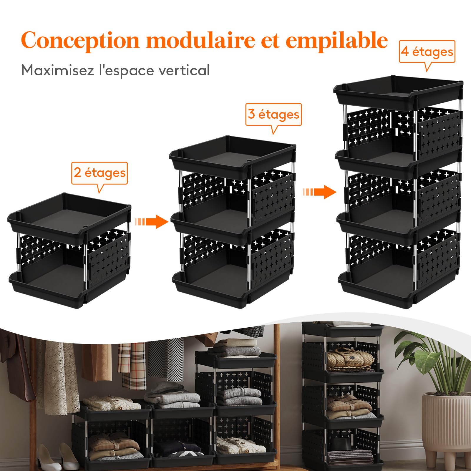 Lifewit Bacs de Rangement Empilables, Panier Coulissant en Plastique à Niveaux pour Dressing, Armoire, Cuisine, Rangement de Placard, 35 x 30 x 72 cm, Noir, 4 Niveaux