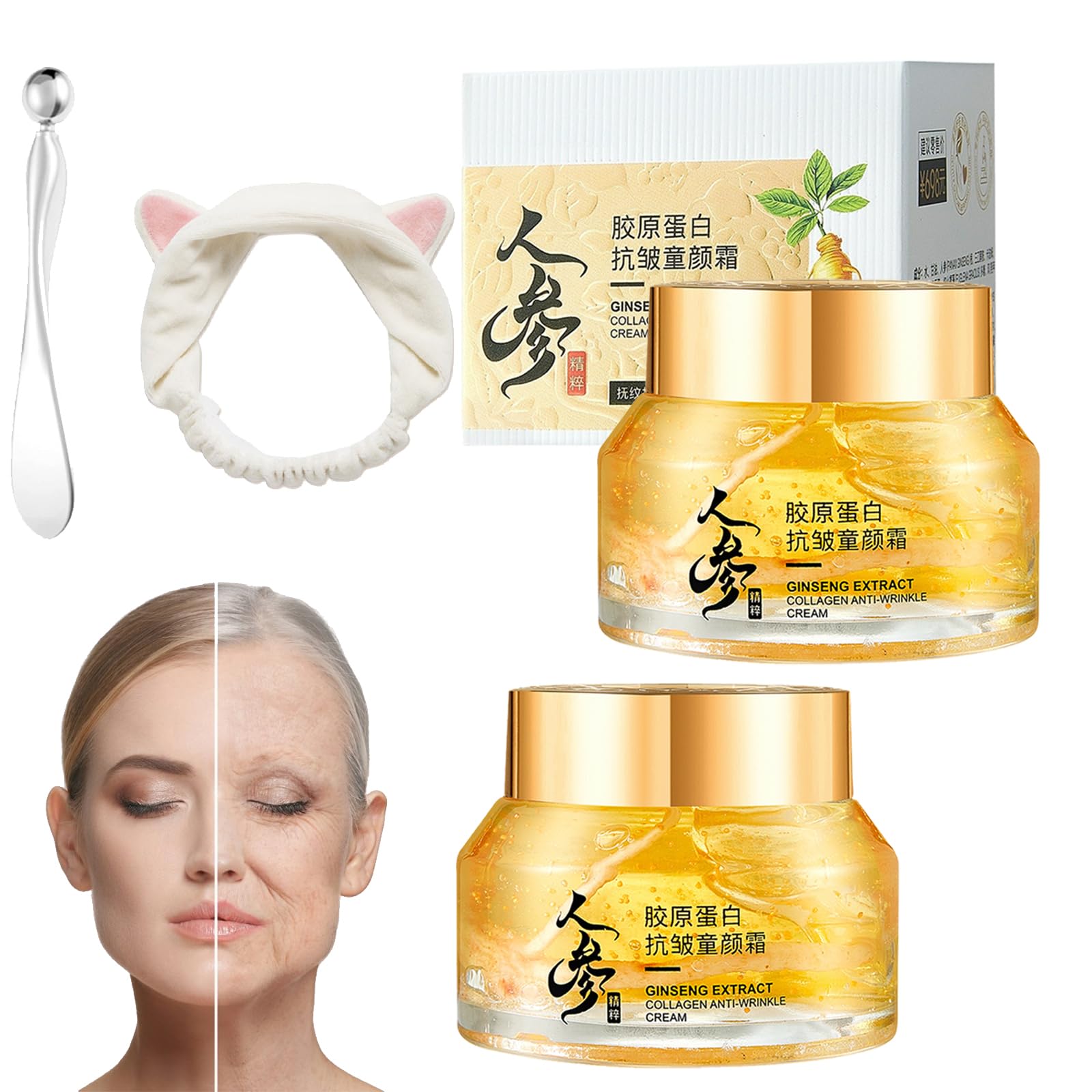 Ginseng Anti-wrinkle Serum and Cream, Ginseng Extract Liquid, Ginseng Extract Serum Oil for Tightening Sagging Skin Reduce Fine Lines (2Pcs-Cream)