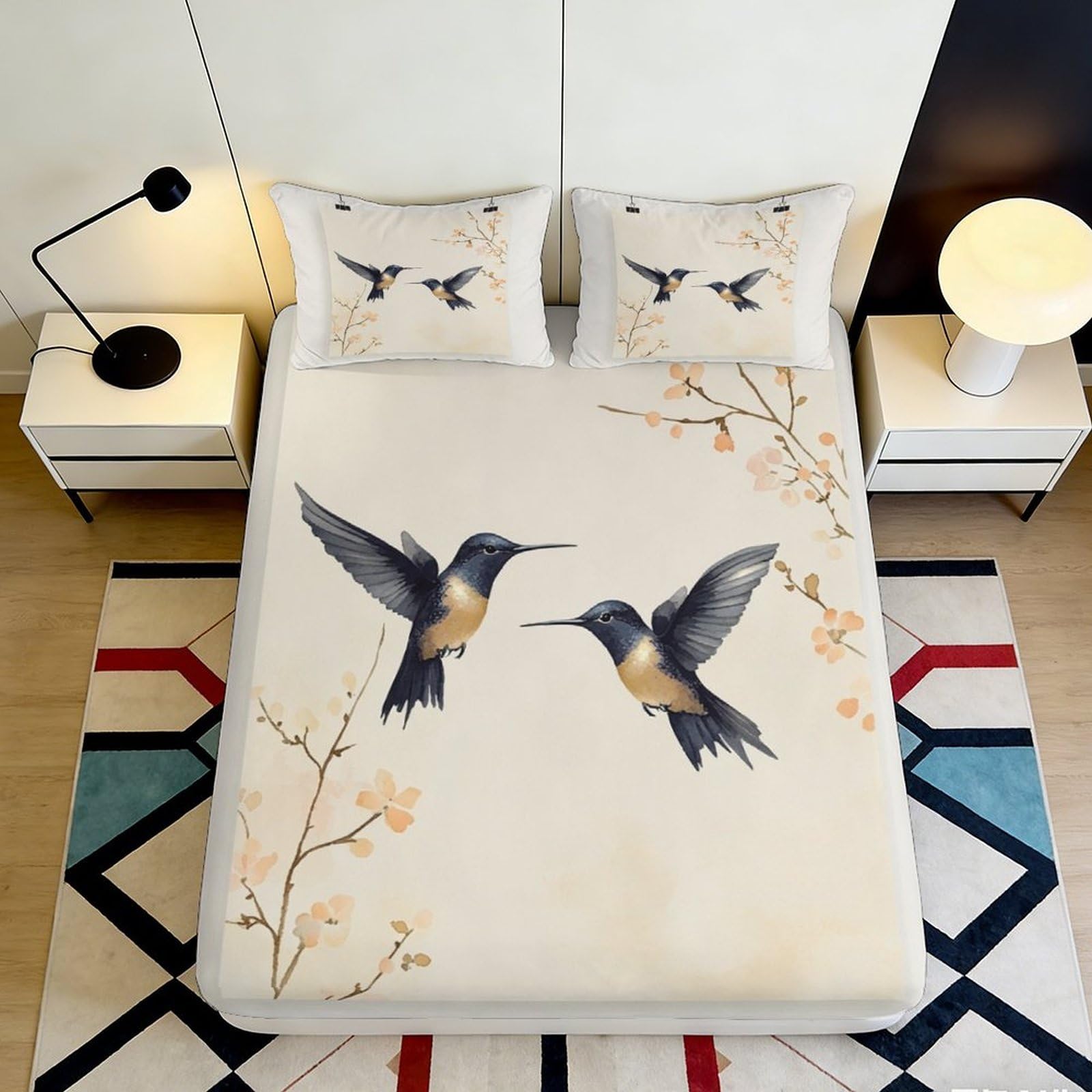 3D Printed Hummingbird Blossom Fitted Sheet Microfiber Soft Floral Bird Bed Cover for Bedroom Guest Room Decor 90x200x25cm