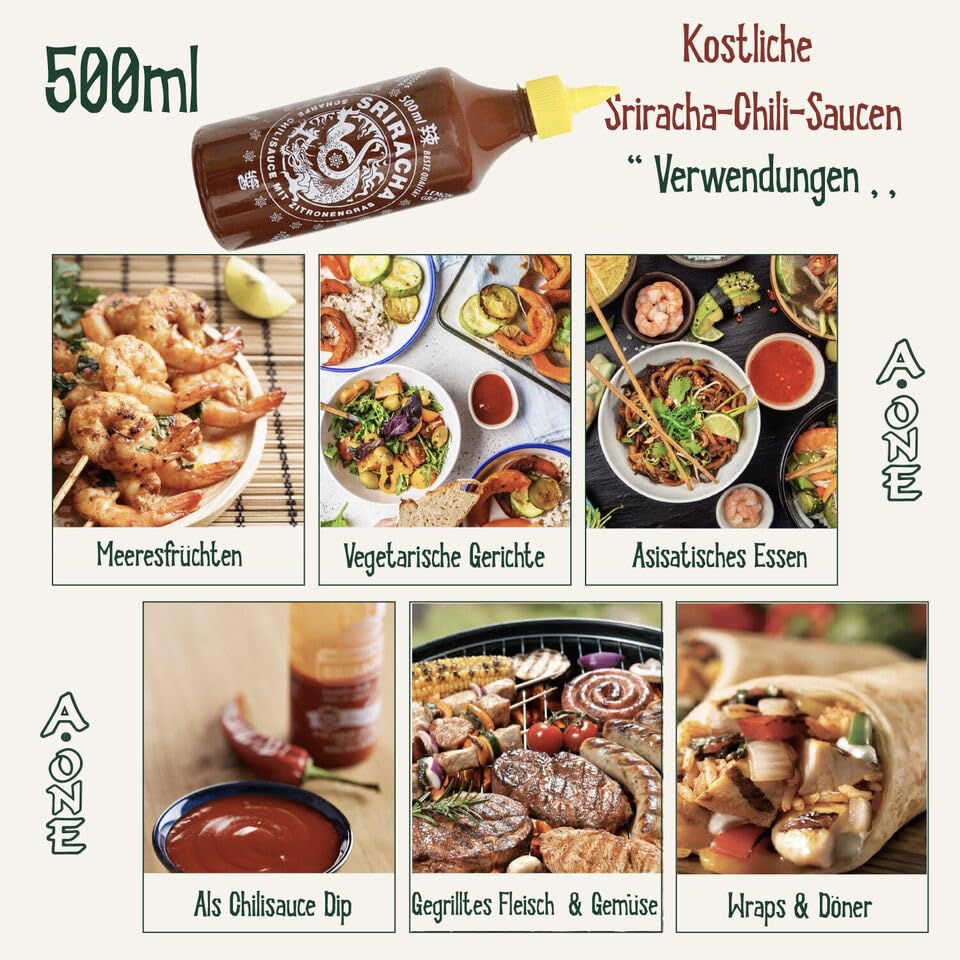 A-One Salsa original Sriracha con hierba de limón, 12 x 500 ml, salsa caliente con chiles y hierba de limón, paquete de 12 unidades, perfecto para gastro