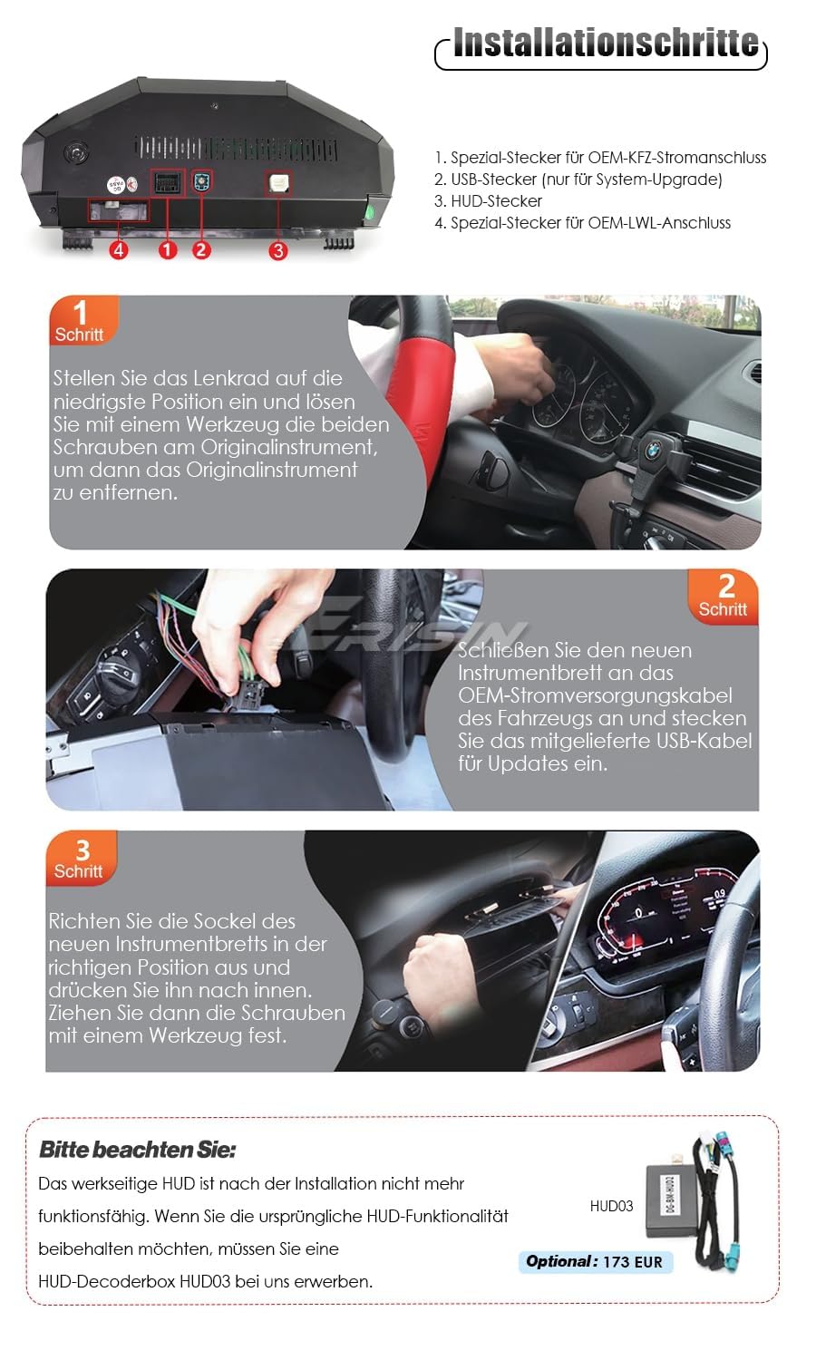 12,3" HD Digitales Kombiinstrument für BMW 3er F30 F31 F34 & 4er F32 F33 F36 (2013–2020) EVO/NBT, LCD Armaturenbrett Dashboard Display, Digitaler Tacho Cluster Ersatz, Lenkradsteuerung, 7 UI-Themen