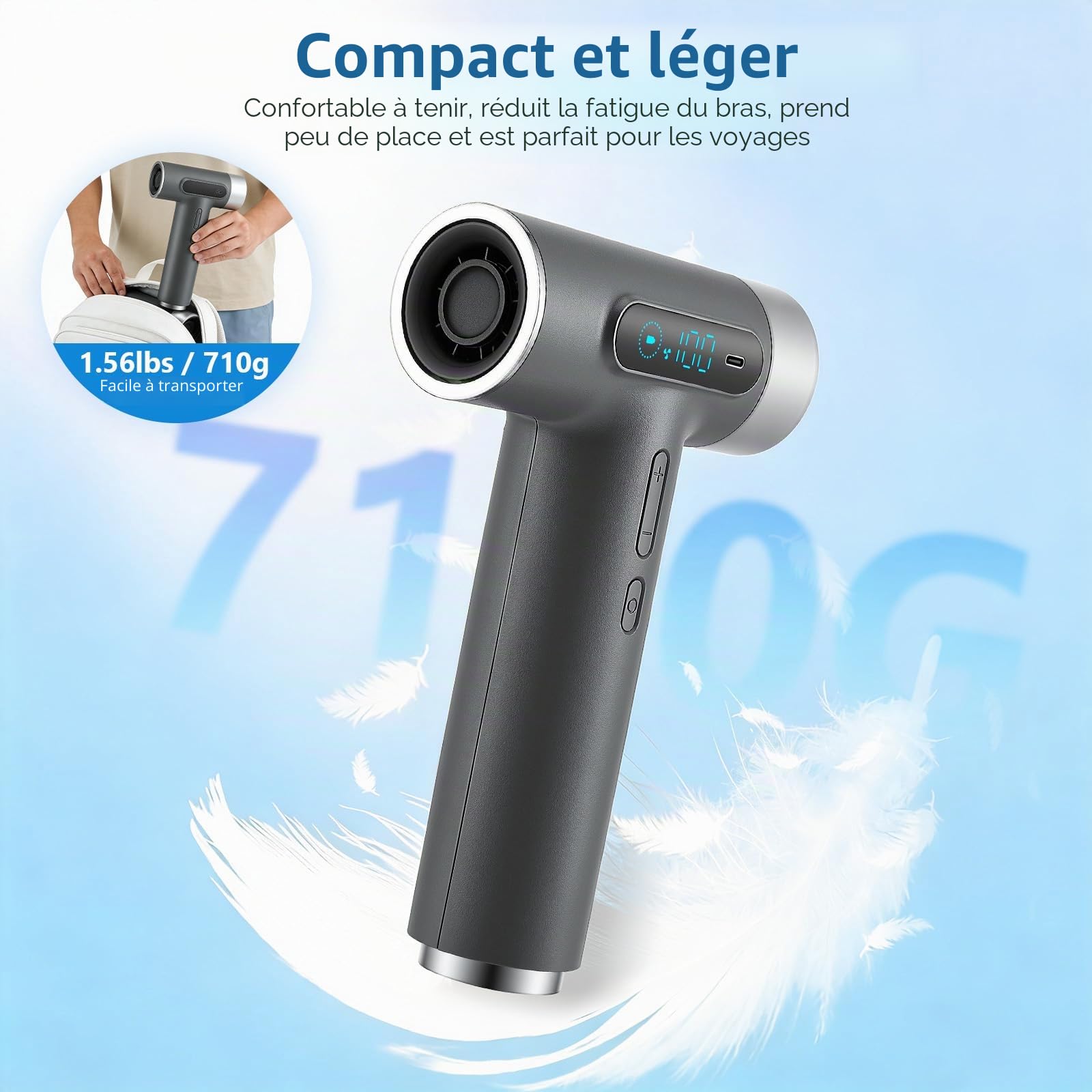 Sèche-cheveux sans fil 27000mAh, 100 vitesses, Moteur 100 000 tr/min, Autonomie géante, Charge rapide USB-C 18W, Voyage Camping Maison