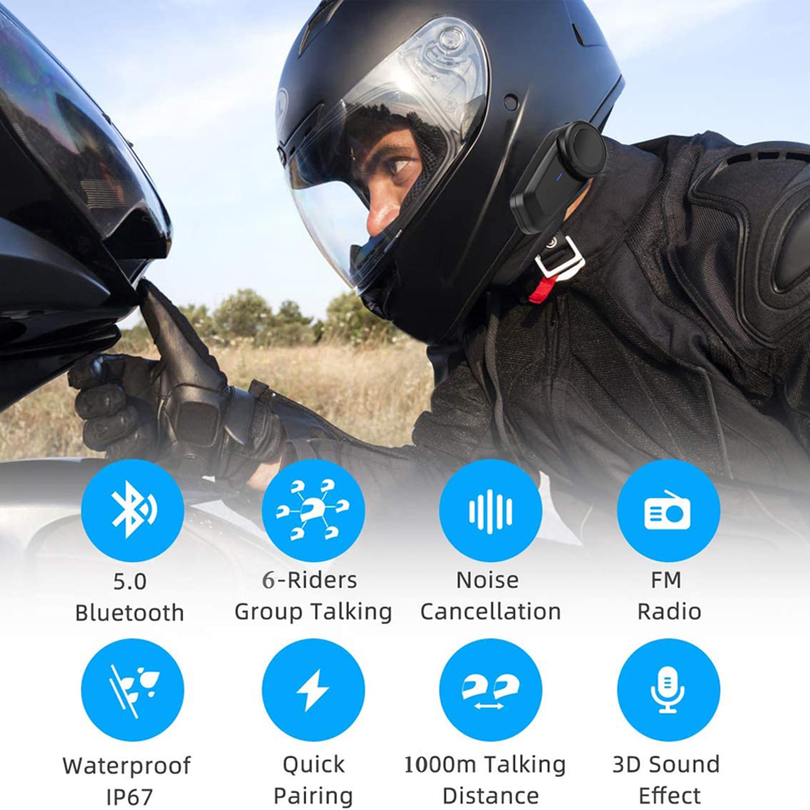 QSPORTPEAK M2 Intercomunicador Casco Moto, Sistemas de Comunicación Bluetooth para Motocicletas para 6 Jinetes/Rango 1000m, Bluetooth 5.1/CVC & ENC Cancelación de Ruido,Compartir música,2 Pieza