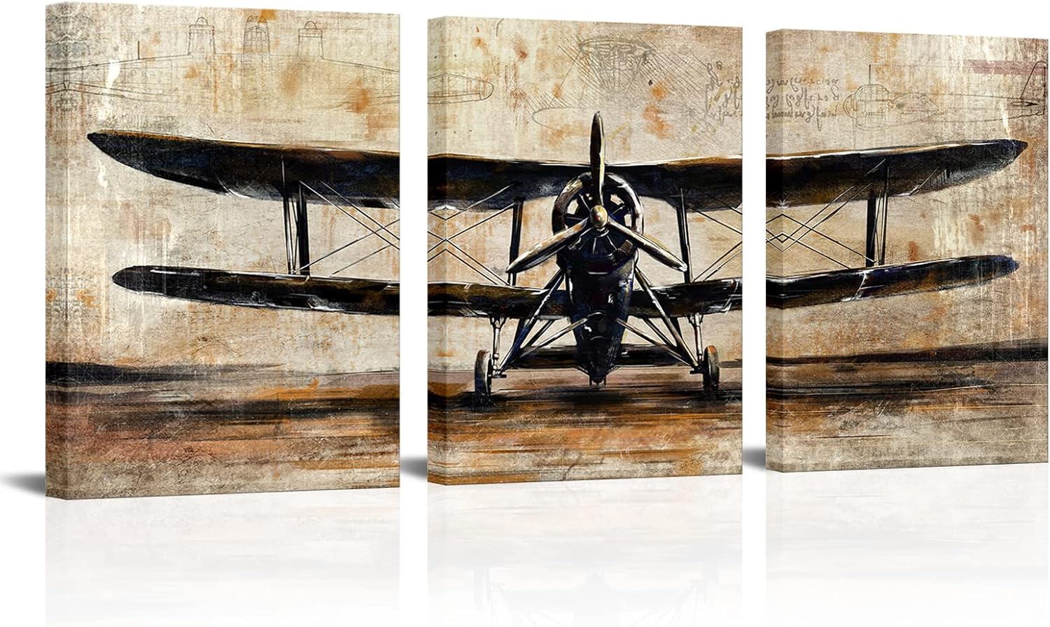 KLVOS Rustic Plane Pictures Wall Art Decor Vintage Airplane Propeller Canvas Prints Artwork Framed Boy Room Man Bedroom Wall Decor Framed Ready to Hang 12x16inchx3pcs