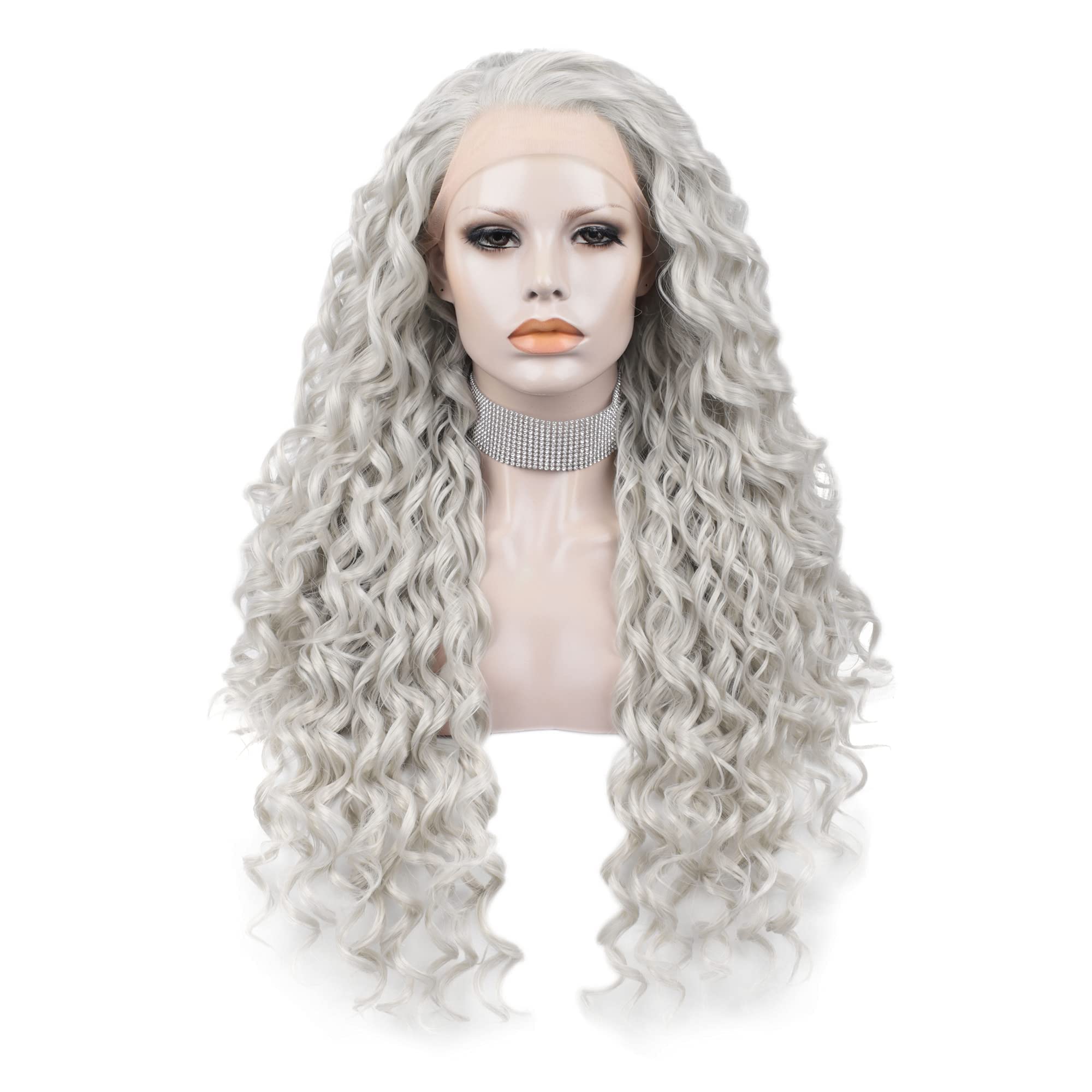 Gray Wavy Curly Blonde Lace Front Wig Kinky Curly Lace Front Wigs: Gray Blonde Platinum Deep Curl  main image 4