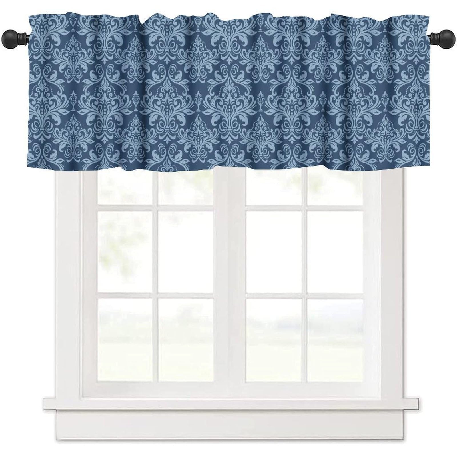 moderw Blue Vintage Damask Floral Window Valance Curtains Oriental Antique Window Treatments Luxury Gothic Bohemia Flowers Valance Curtain for Farmhouse Living Room Kitchen 54x18inch