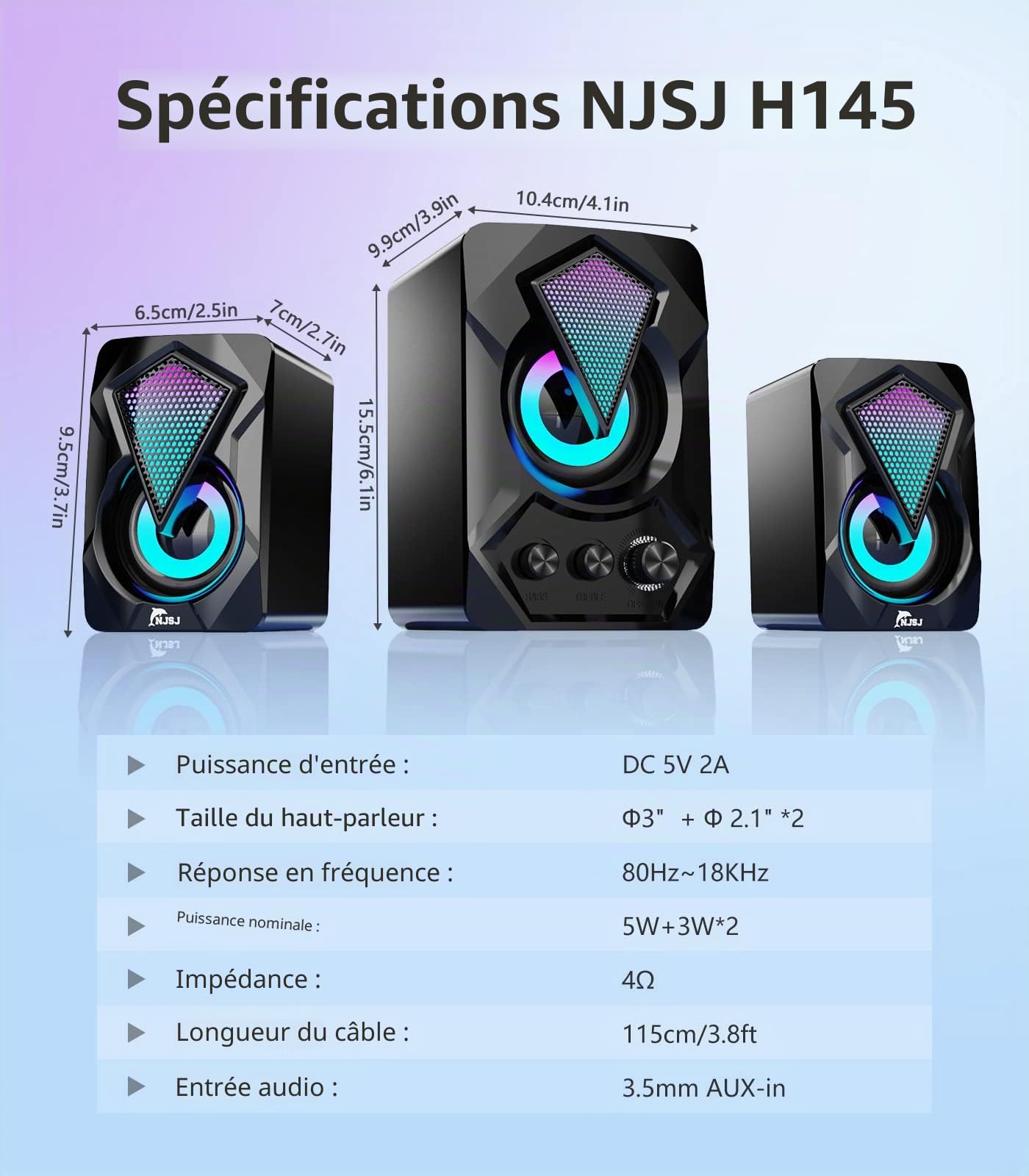 njsj 2.1 Enceinte PC avec Caisson de Basses, Système d'enceintes de Jeu LED RVB Son Riche, Audio 3,5 mm, Basse alimentée par USB pour PC, PS4/5,TV, Smartphone,Tablette,Lecteur