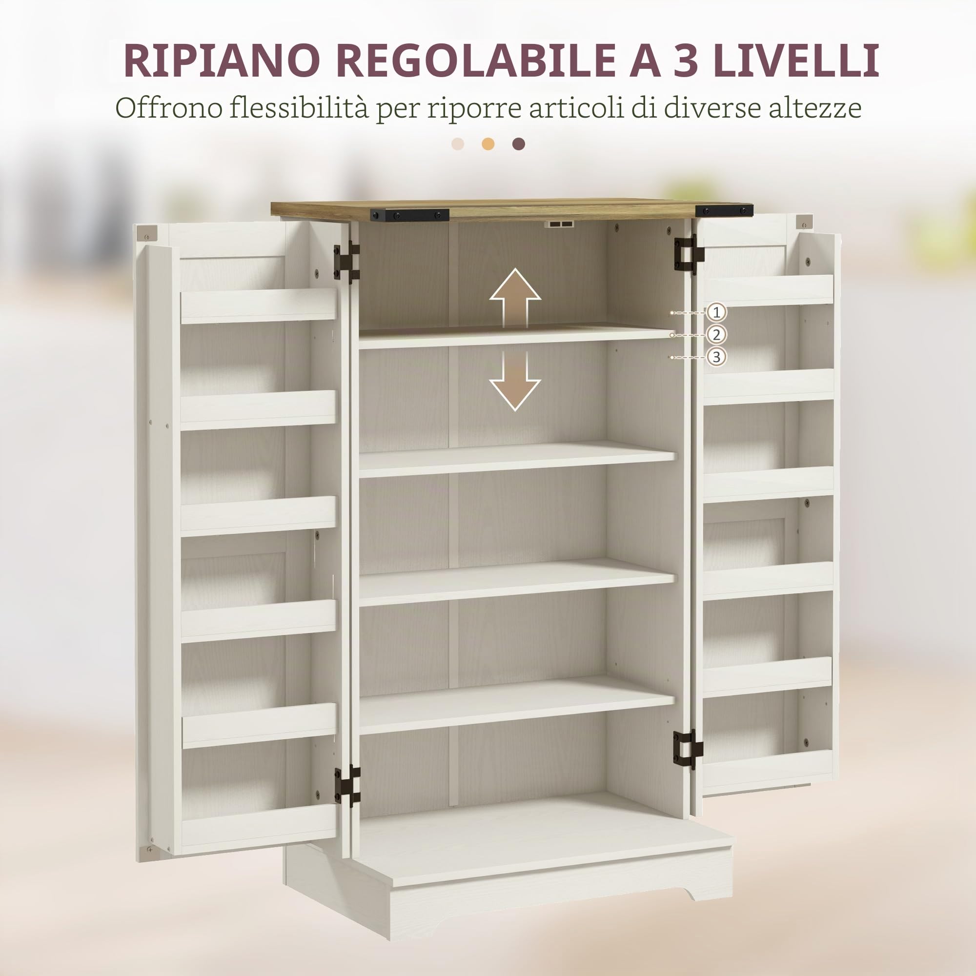 HOMCOM Armadio dispensa cucina armadio da cucina con 2 ante e 16 ripiani dispensa rustica con ripiano regolabile per sala da pranzo soggiorno 60x40x104 cm crema