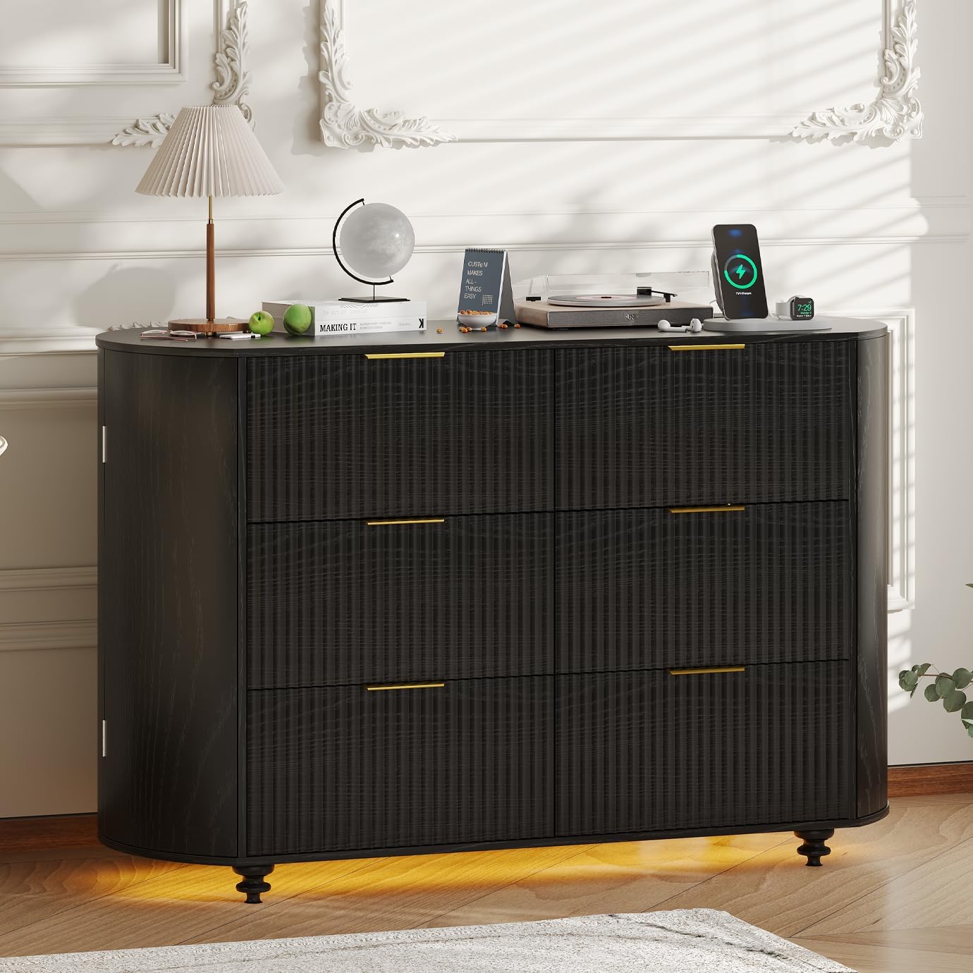 47.2" Fluted TV Stand for 45, 50, 55 inch TV, Oval Entertainment Center with LED Lights & Charging Ports, Media Console Table with 6 Drawers & 2 Side Storage Cabinets for Living Room, Hallway