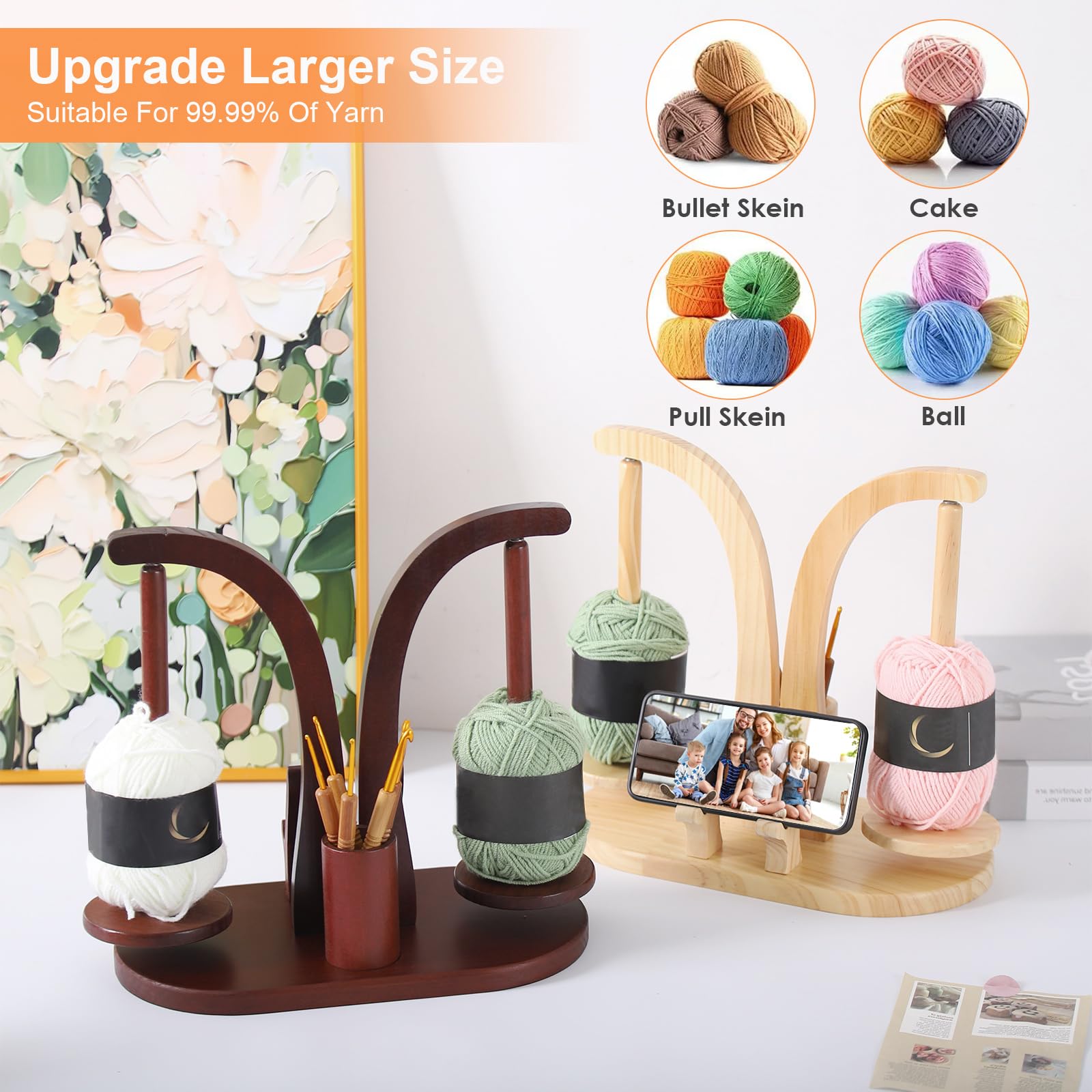 Svolgitore di lana magnetico, multifunzionale, supporto per lana in legno con contenitore e supporto per cellulare, supporto in lana rotante, doppio supporto per gli amanti del uncinetto e degli
