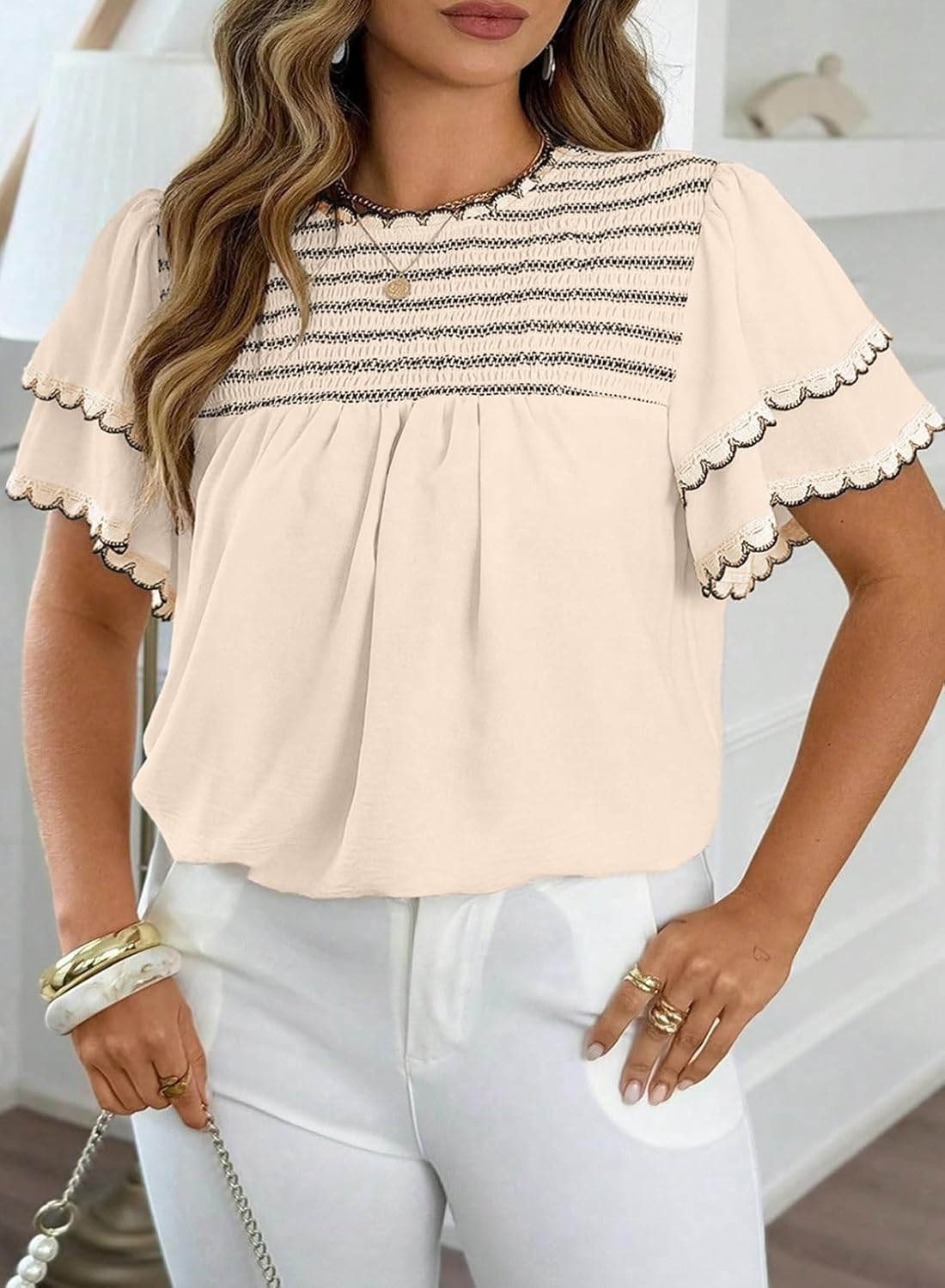 Dokotoo Womens Summer Tops Crewneck Ruffle Short Sleeve Shirts Casual Pleated Blouses Flowy Boho Clothing - Image 2