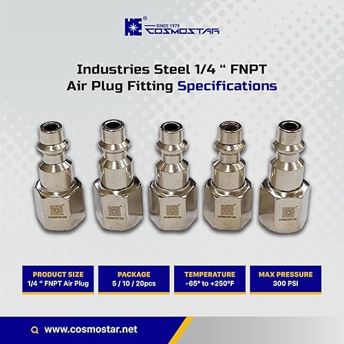 Miniatura 5 de COSMOSTAR Industries - Enchufe de aire MNPT de acero de 1/4 pulgadas, enchufe de 1/4 de pulgada y conector NPT de 1/4 pulgadas con sellador