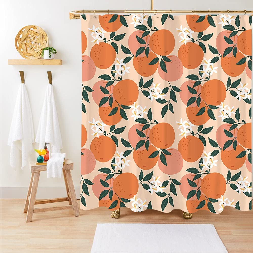 Miyotaa Orange Fruit Shower Curtain Set 71Wx71H Inches Cute Citrus Green Leaves Fresh Polyester Waterproof Cloth Bathroom Curtain with 12 Hooks