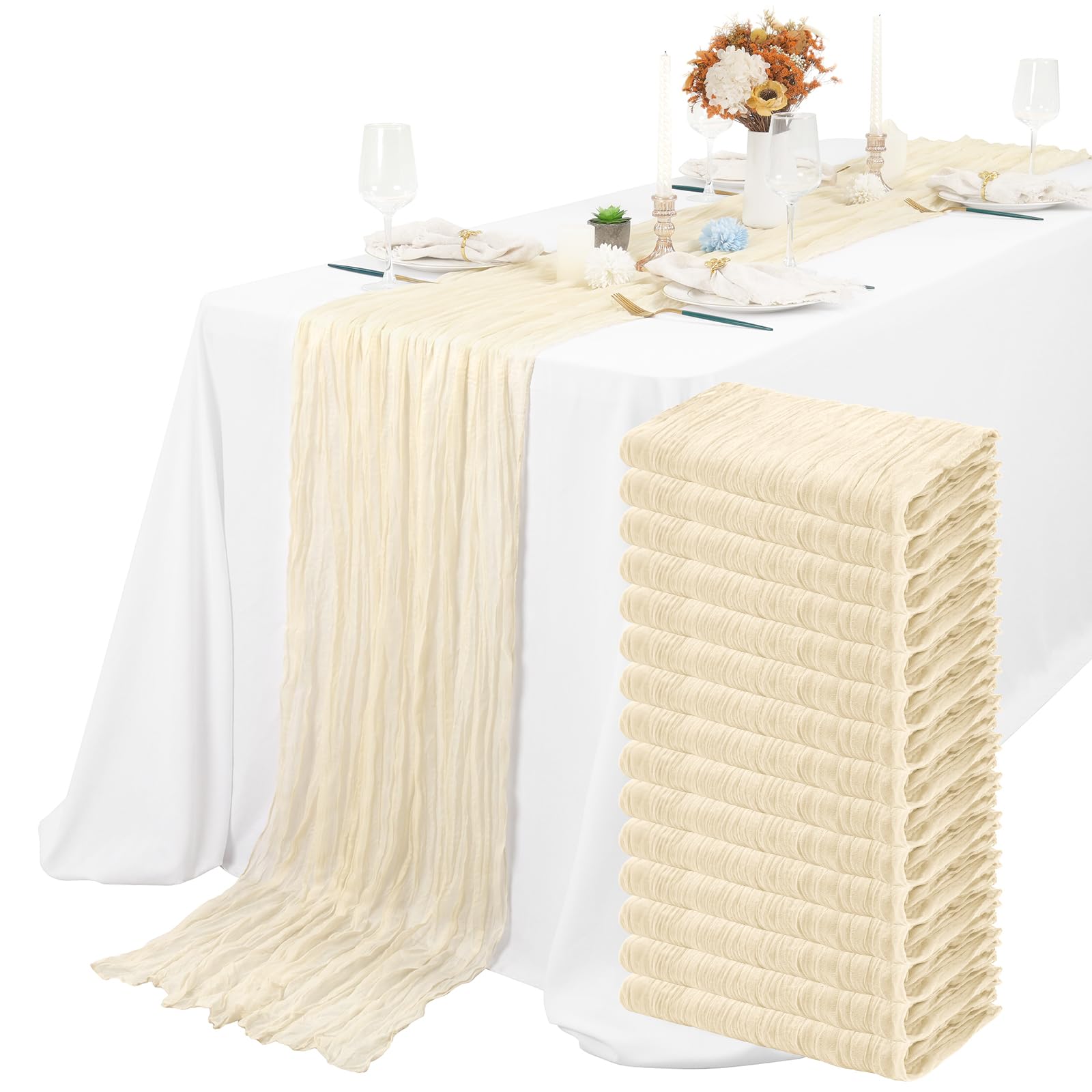 Chemin de table en étamine ivoire pour décoration de mariage rustique