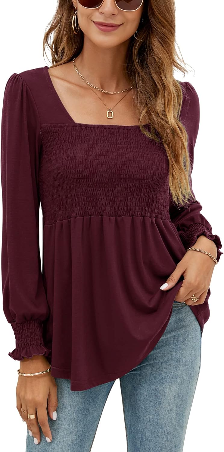 LOMON Blouses for Women Puff Long Sleeve Shirts Square Neck Casual Smocked Tunic Tops 2024 Spring Fall Winter Clothes S-XL