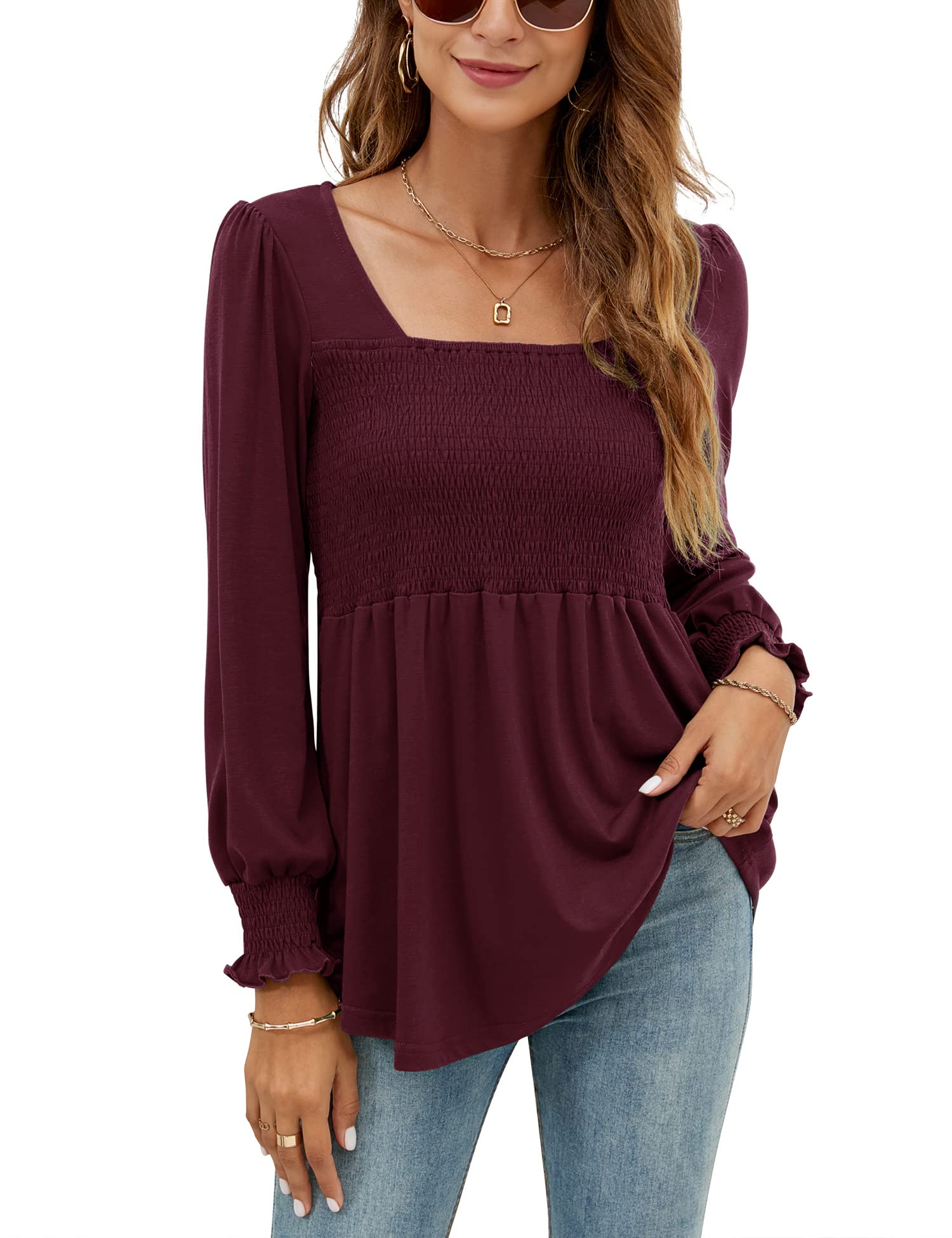 LOMON Blouses for Women Puff Long Sleeve Shirts Square Neck Casual Smocked Tunic Tops 2024 Spring Fall Winter Clothes S-XL