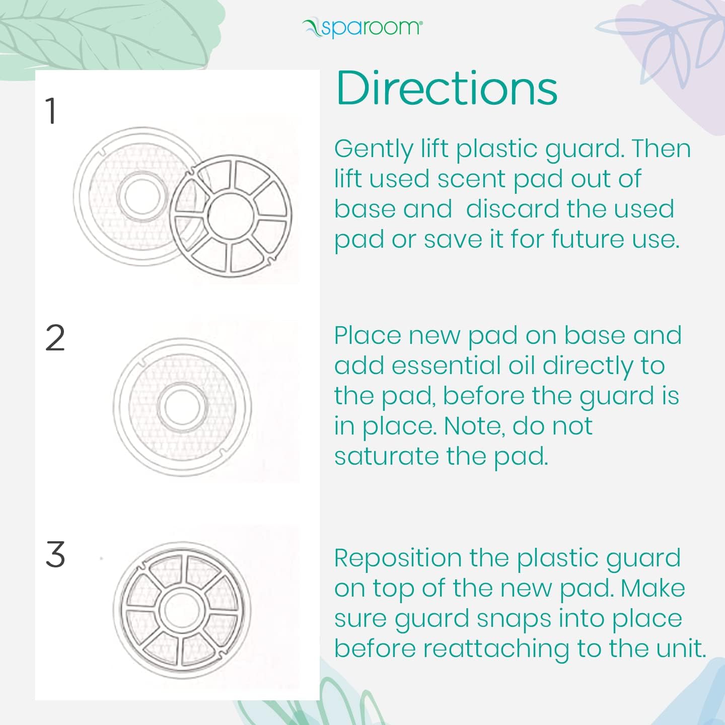 Three SpaRoom Mini Scentifier Refill Pads showing dimensions and usage text.