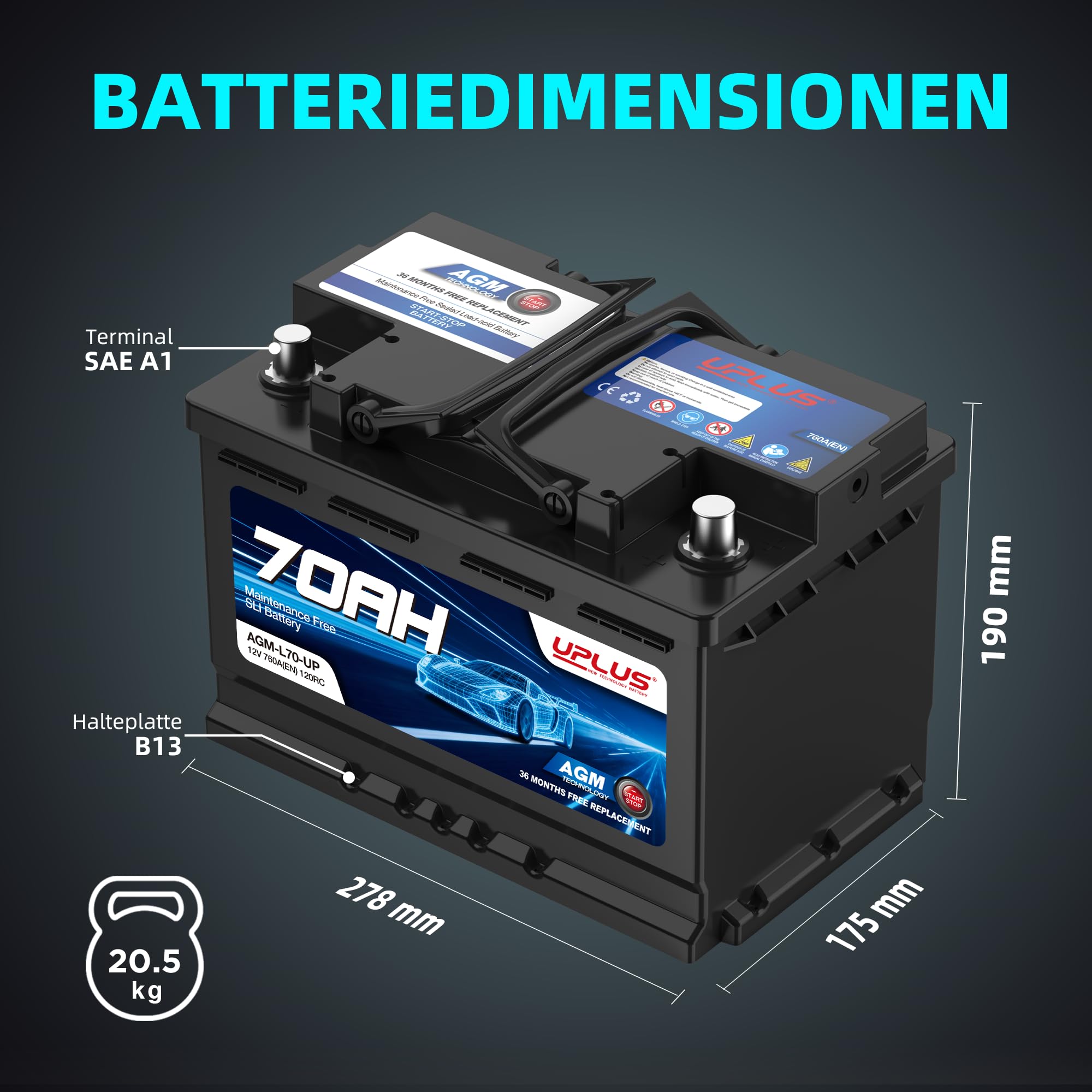 UPLUS 12V 70Ah 760A(EN) AGM Start-Stop Autobatterie AGM-L70-UP | Links: - Rechts: +, wartungsfrei, für Start-Stopp-Fahrzeuge. 278L×175B×190H(mm), vor Kauf Maße prüfen