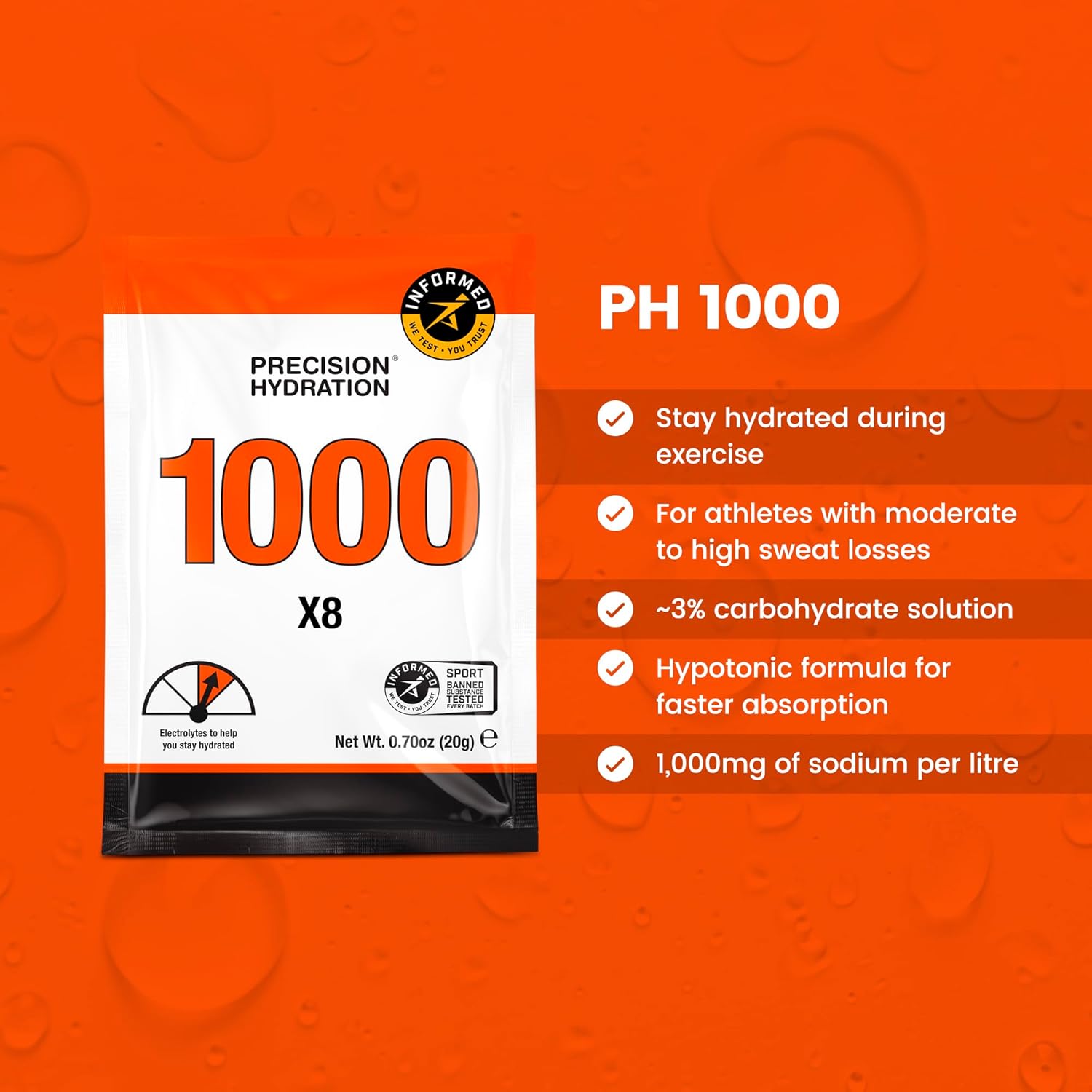 Precision Hydration Electrolyte Powder - No Artificial Ingredients Multi Strength Hydration Packets - Individual Waterproof Servings - Gluten/Dairy Free, 10 Boxes (80 Packets), 1000mg/L-Orange