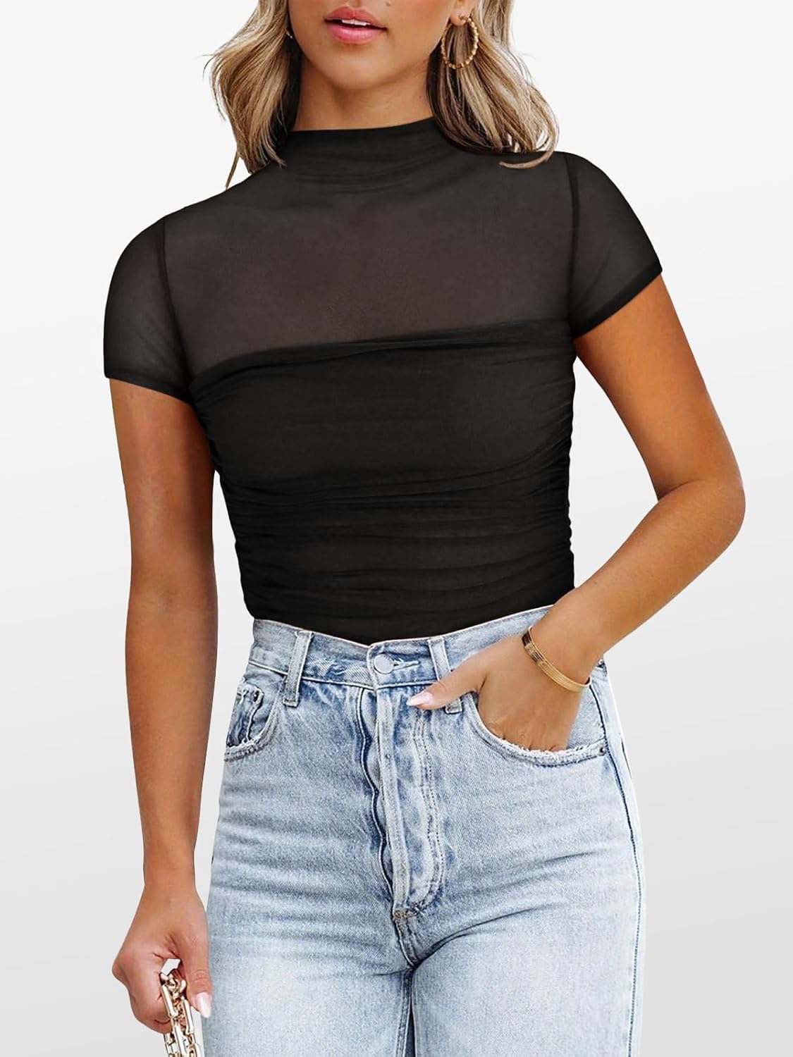 ANRABESS Womens Summer Sexy Mock Turtle Neck Short Sleeve Tops Sheer Mesh Shirts Slim Blouse Trendy Ruched Going Out Outfits - Image 7