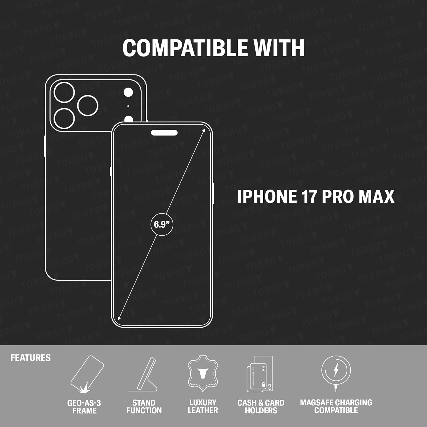 TORRO Leather Case Compatible with iPhone 17 Pro Max 6.9" 2025 - Premium Leather Wallet Flip Case with Kickstand and Card Slots (Compatible with Official MagSafe Chargers) - Black - Image 2