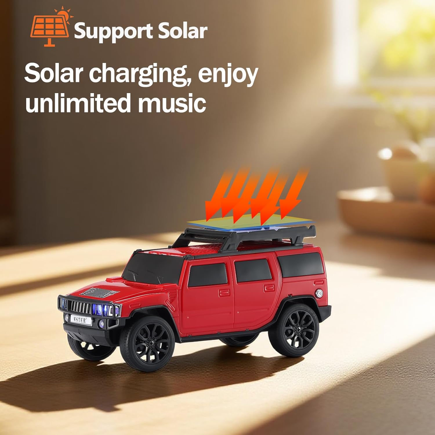 WSTER WS-696 Solar Bluetooth Replica Speaker – Portable Modern Off-Road Car Design with HD Sound, TWS, LED Party Light, USB/TF Playback, FM, Built-in Microphone, Surprise Gift(Red)