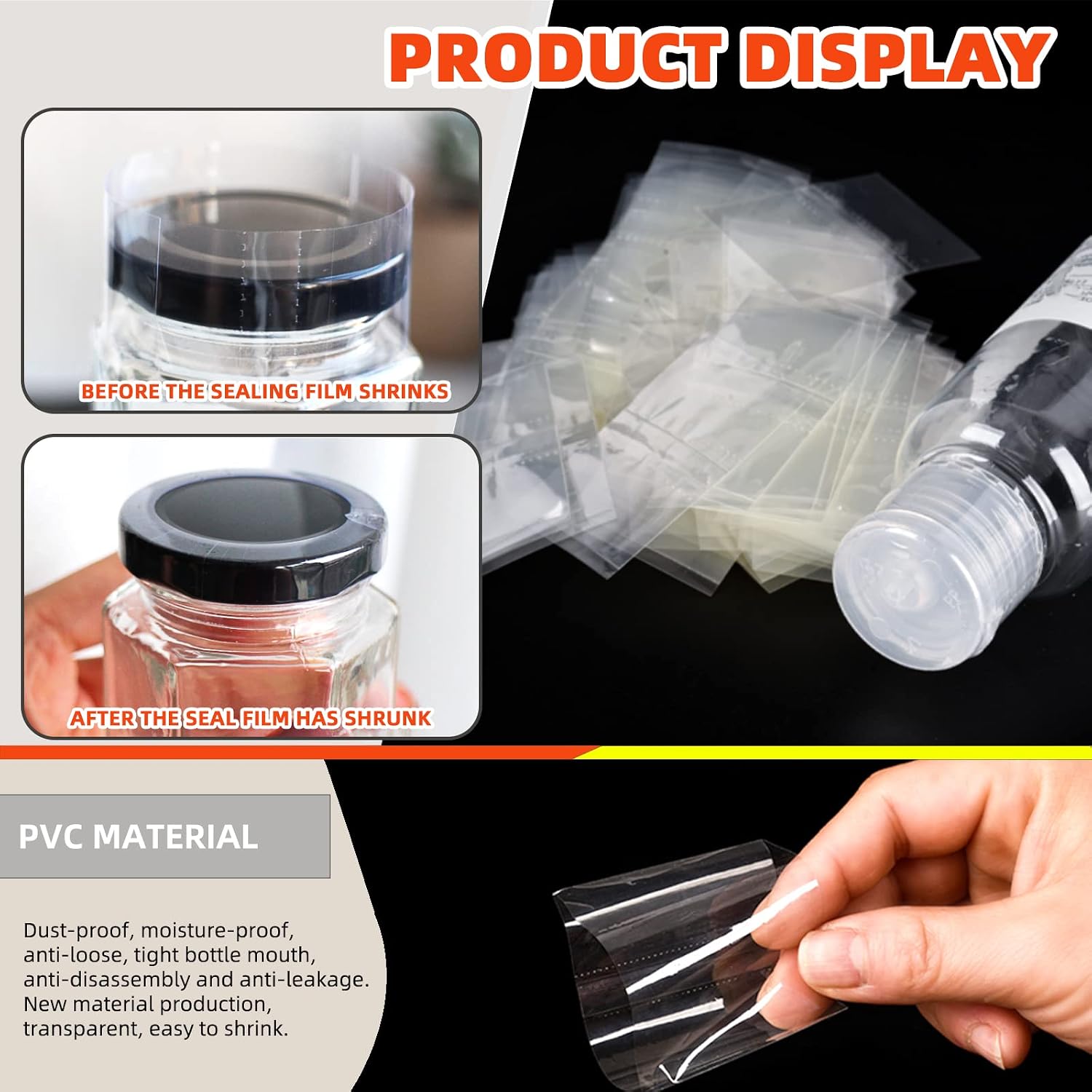 Tanstic 1250Pcs PVC Clear Perforated Shrink Band for Jars, 5 Sizes Heat Shrink Wrap Bands Heat Bottle Wrap for Bottles Jars Seal (250Pcs of Each Size)