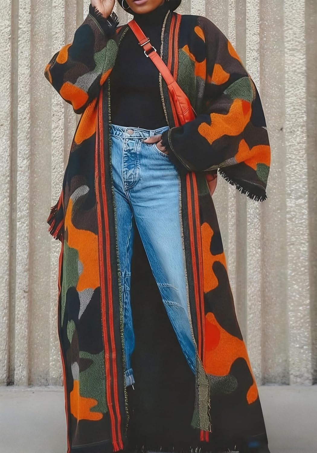 NRTHYE Women Camo Long Cardigan Camouflage Open Front Shawl Sweater Oversized Fringed Hem Maxi Knit Cardigans Outwear - Image 5