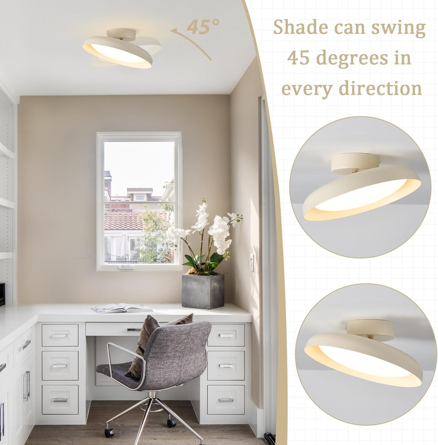 BISAMIYA Modern LED Ceiling Light, Brass Accent 12.6 Inch Semi Flush Mount Ceiling Light, Adjustable Angle Light Fixture, 3000K/Warm White/18W, for Hallway, Entryway, Kitchen Cream