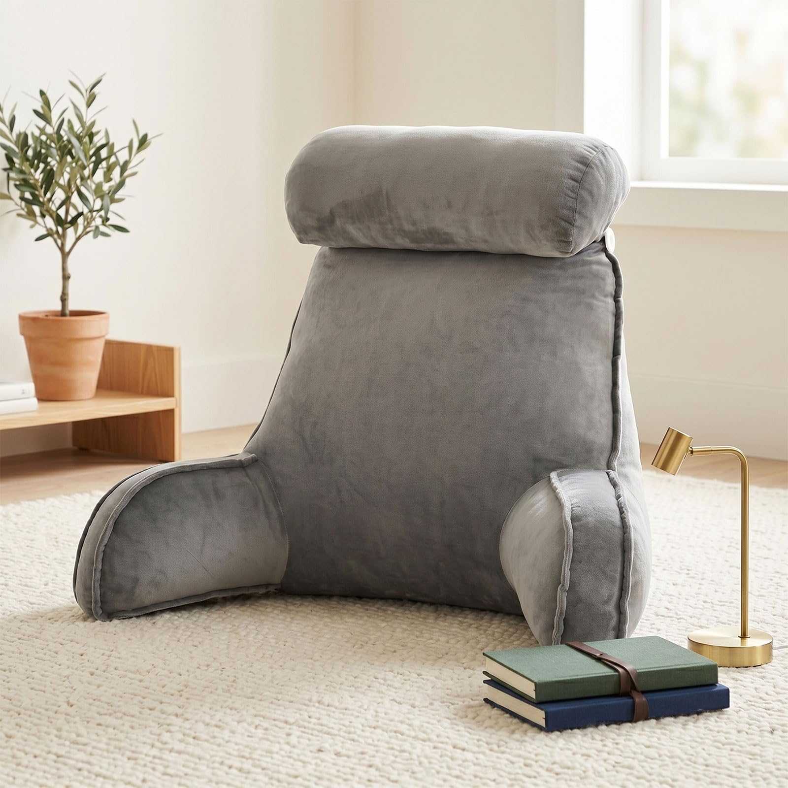 Cojín de lectura para cama y sofá ergonómico con cojín cervical, cojín de respaldo grande con espuma viscoelástica, cojín de apoyo lumbar con bolsillos, cojín de lectura para leer, relajarse