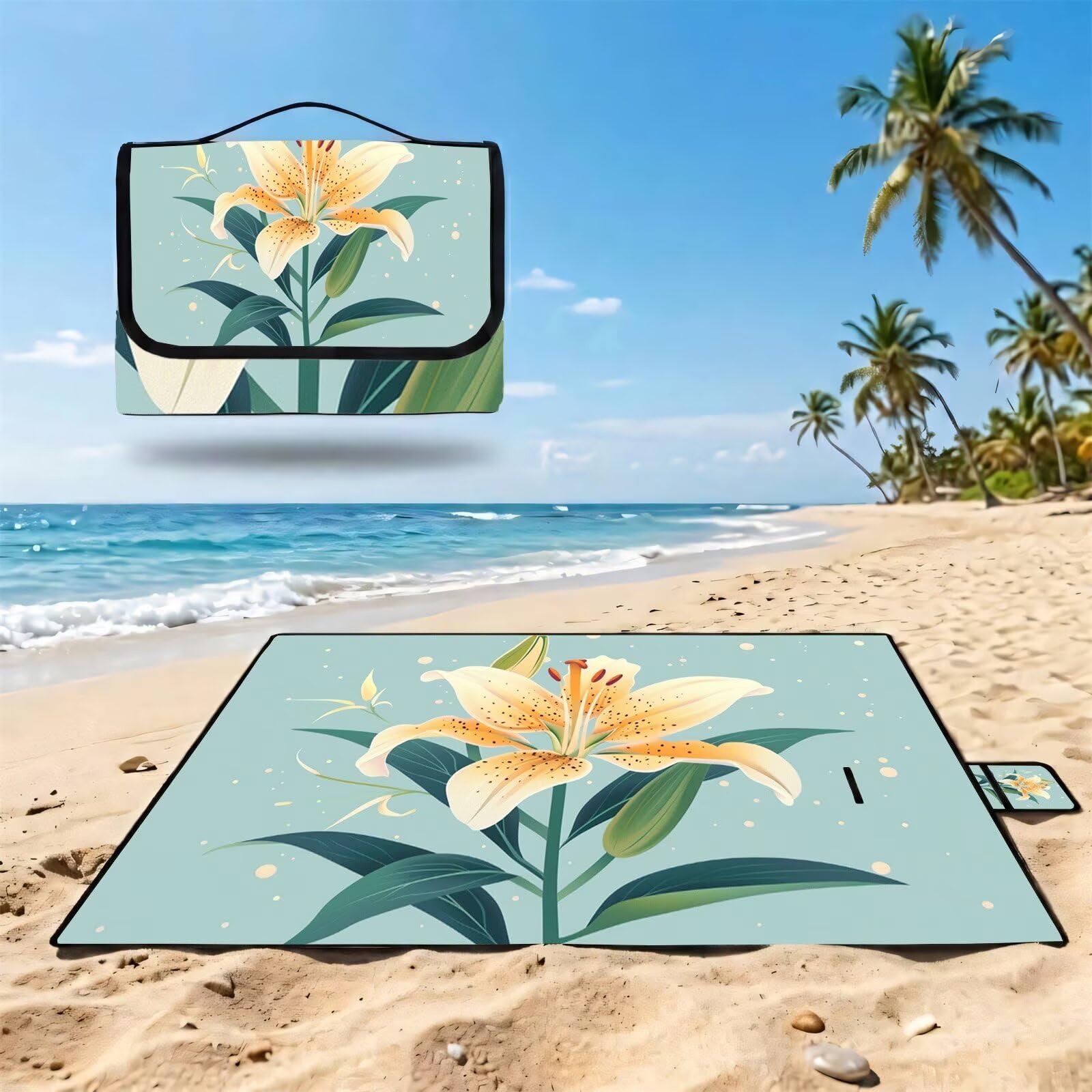 Couverture Pique Nique Grande 200x300cm,Outdoor Couverture Imperméable,Pliable Tapis de Plage Dos en PVC,Picnic Blanket pour Camping Accessoires,Jardin,Parc,Famille - Couleur œuf de Canard,lys UZ-301