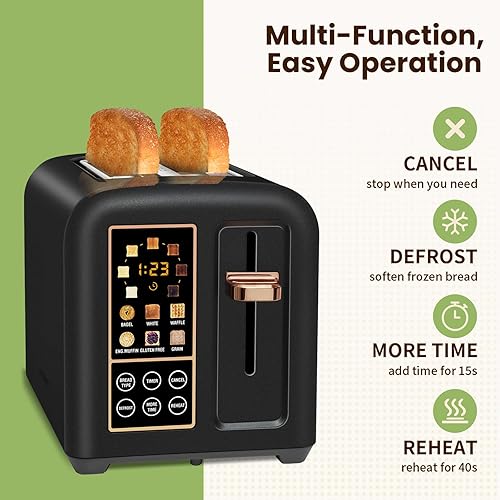 Miniatura 4 de SEEDEEM Tostadora de 2 rebanadas, control táctil LCD, velocidad de calentamiento 50% más rápida, ranuras extra anchas de 1.4 pulgadas, 7 ajustes de
