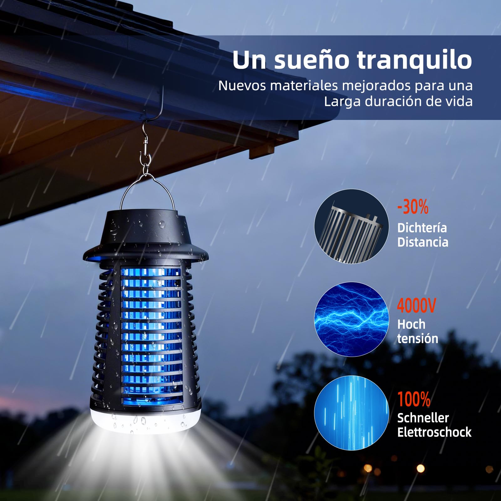 Lámpara Antimosquitos, Tecnología de Descarga Eléctrica 4250V Antimosquitos y Protección IPX4, equipada con Luz UV 20W e Iluminación LED para una Acción Repelente Mosquitos en Interior y Exterior