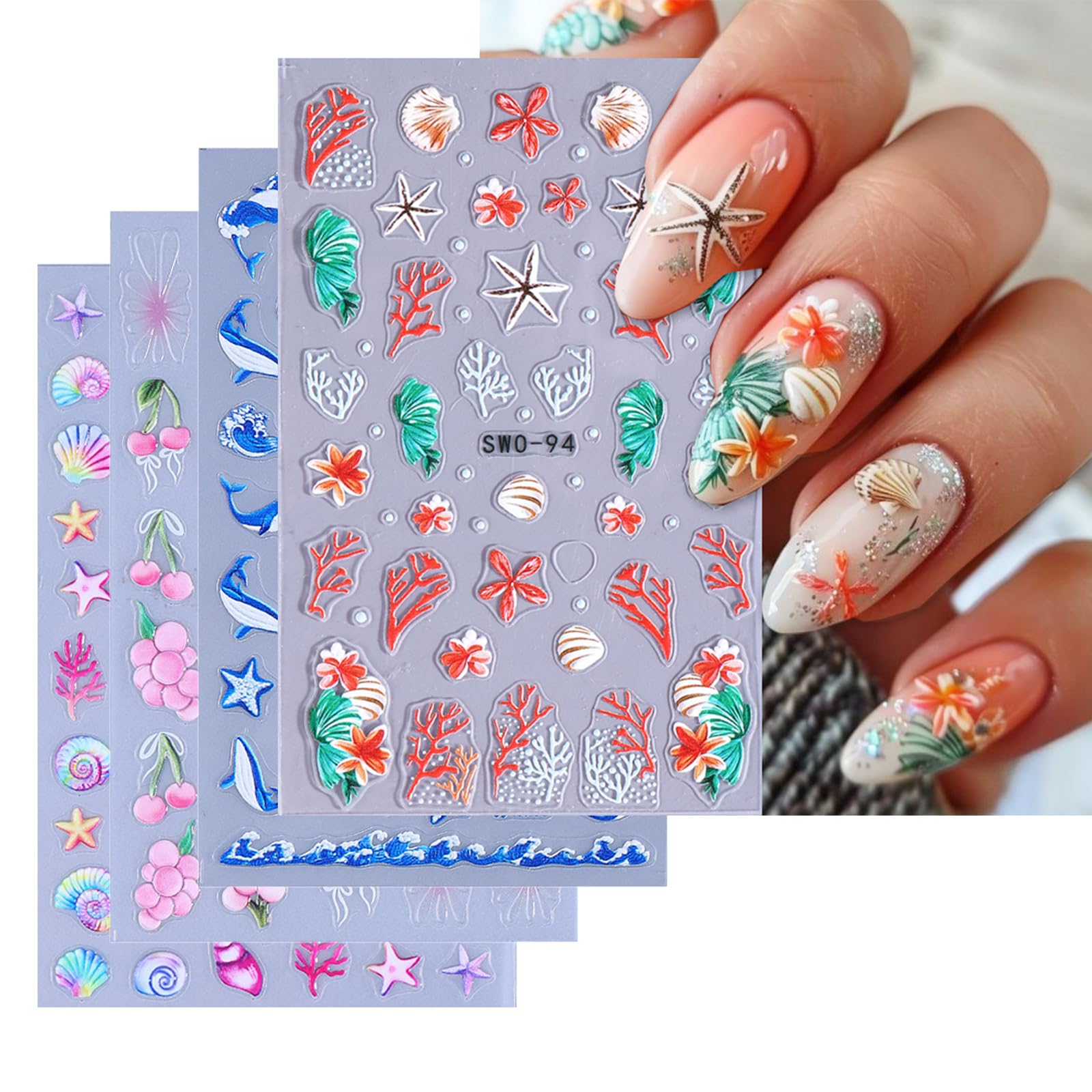 Summer Nail Art Stickers 3D Self-Adhesive Nail Decals Seashell Starfish Whale Sticker for Nails Designs Cherry Grapes Fruit Nail Stickers Ocean Nail