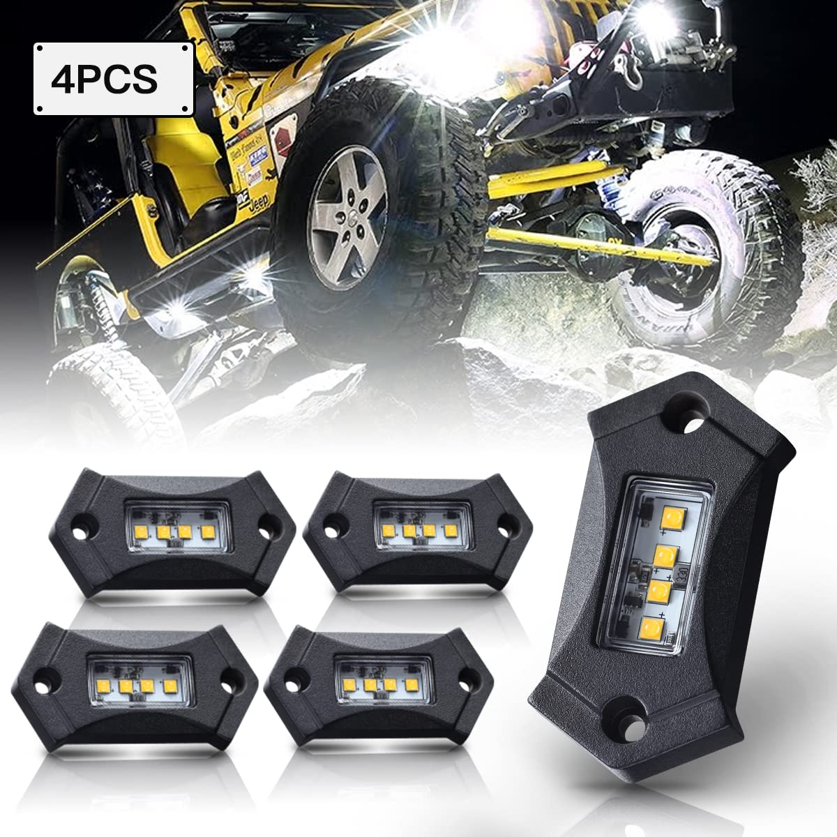 BAOLICY R3 White LED Rock Lights for J-eep SUV Car JK XJ UTV ATV TJ RZR Offroad Truck Boat Exterior White 6000K Super Bright Lights High Power Underbody Glow Neon Trail Rig Lamps for Car Auto 4Pods
