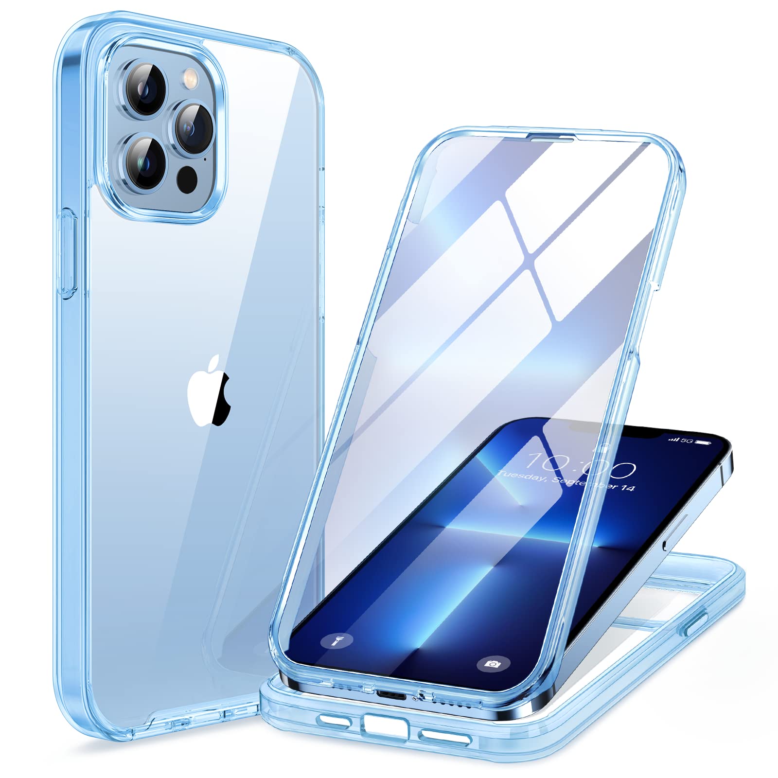 miracase Glass Case for iPhone 13 Pro Max 6.7 inch, Upgrade Full-Body Clear Bumper Case with Built-in 9H Tempered Glass Screen Protector for iPhone 13 Pro Max, Clear Blue