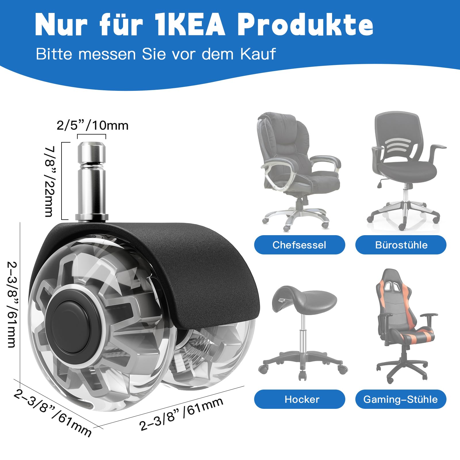 Roulettes Chaise Bureau Gvolatee - 5 Pièces 11x22mm - Caoutchouc Silencieux - Noir Roues Caoutchouc Silencieuses