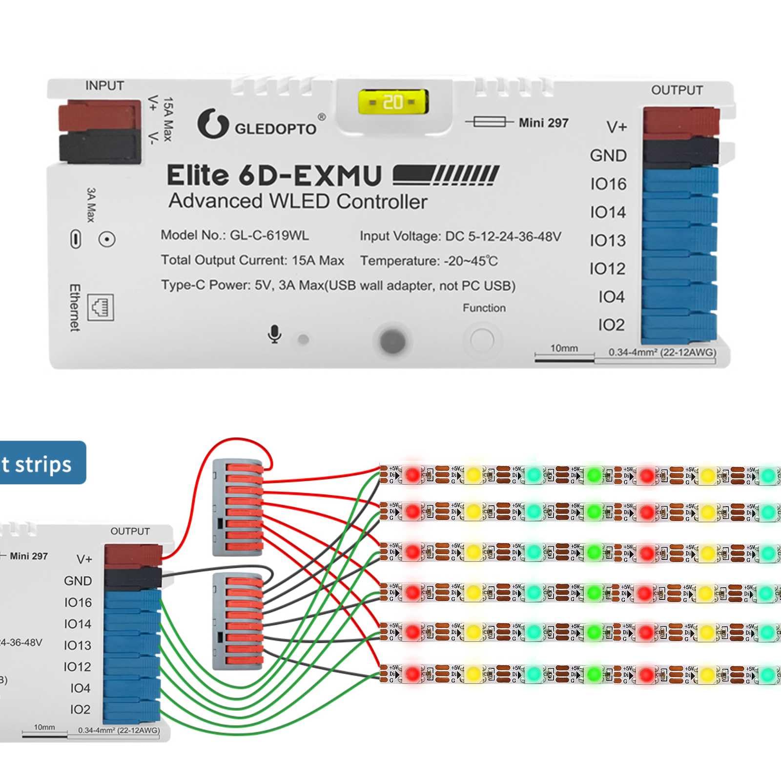 GLEDOPTO Elite 6D-EXMU cyfrowy kontroler WLED, 6 kanałów wyjściowych, Ethernet/WiFi, mikrofon PDM, przekaźnik oszczędzania energii, kompatybilny z Alexa i Home Assistant