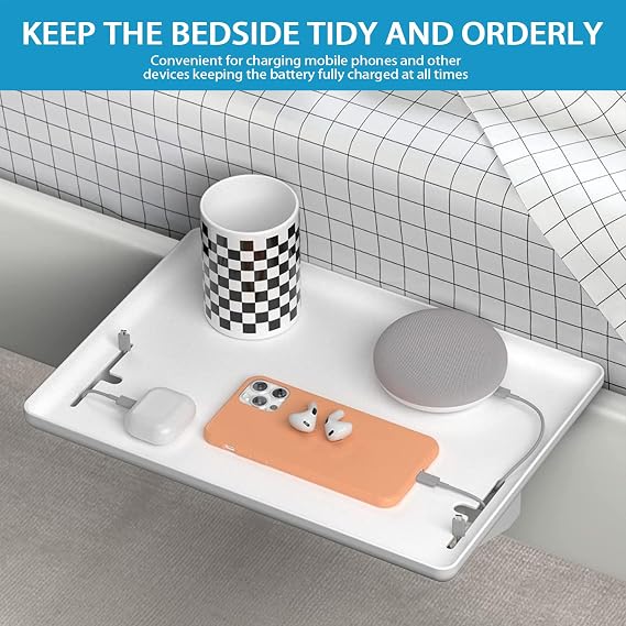 Bedside Shelf, Space Saving Clip On Nightstand with Cable Holes Floating Bed Side Table Tray Organizer White Bedside Storage Shelf for Bunk Beds