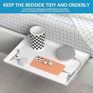 Bedside Shelf, Space Saving Clip On Nightstand with Cable Holes Floating Bed Side Table Tray Organizer White Bedside Storage Shelf for Bunk Beds